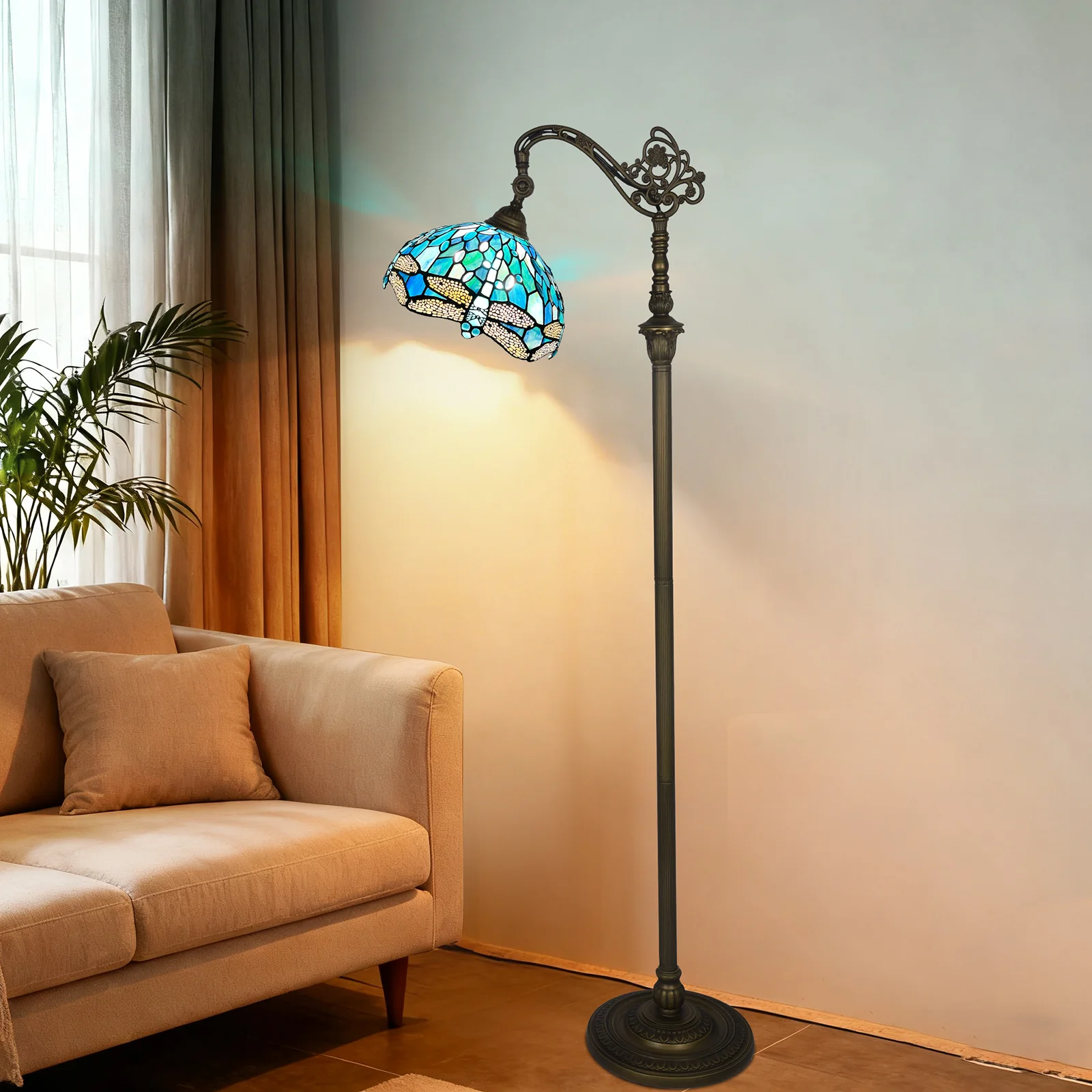 Antique Tiffany Floor Lamp[11''W*62''H] Gooseneck Adjustable Stained Glass Floor Lamp Standing Reading Light for Living Room/Bedroom/Home Office/Study(Dragonfly) - Image 3