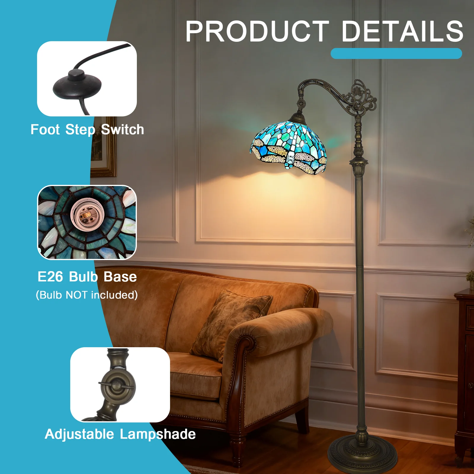 Antique Tiffany Floor Lamp[11''W*62''H] Gooseneck Adjustable Stained Glass Floor Lamp Standing Reading Light for Living Room/Bedroom/Home Office/Study(Dragonfly) - Image 7