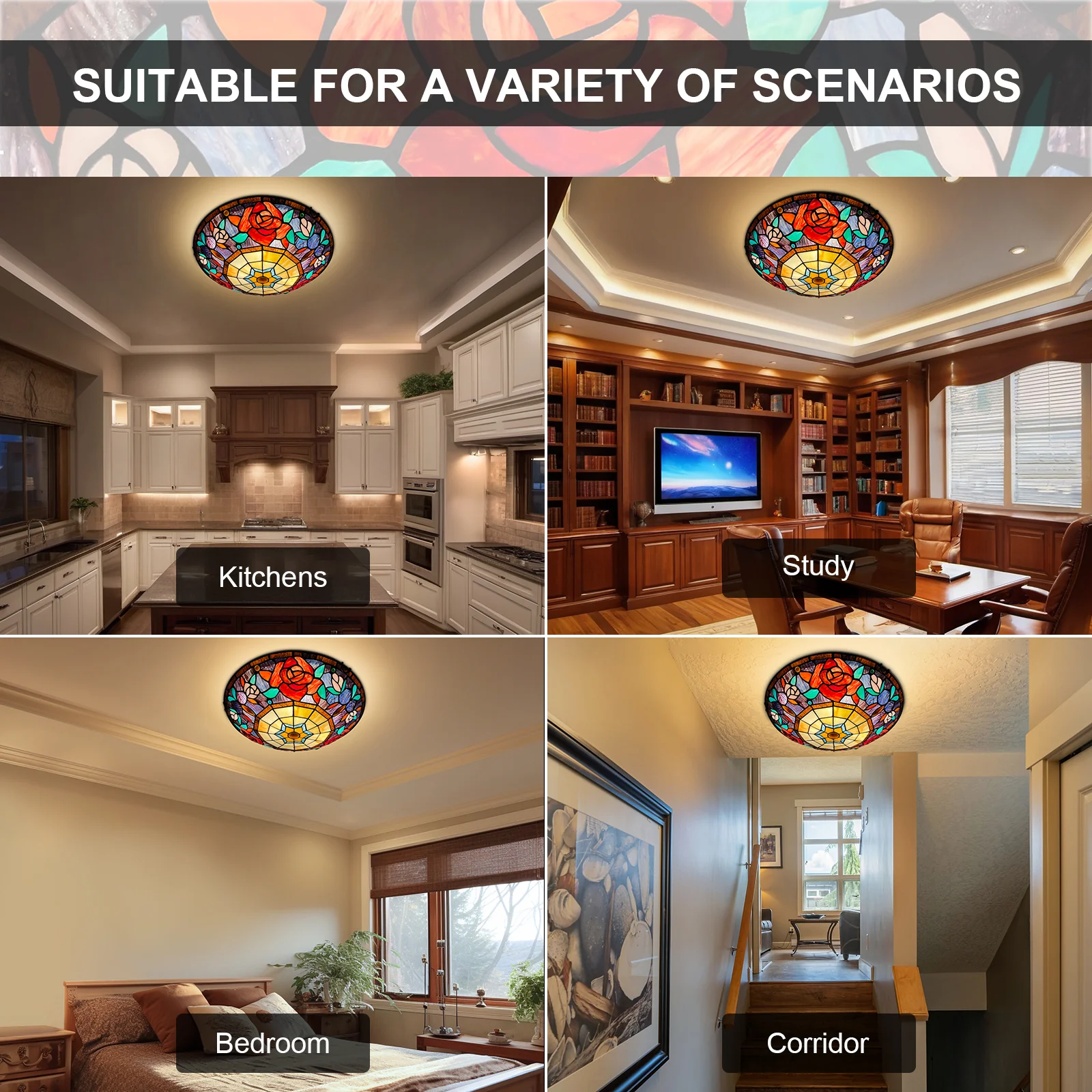 ARTZONE Tiffany Ceiling Lights, Stained Glass Ceiling Light 3-Lights 16 Inch Tiffany Flush Mount Ceiling Light for Bedroom Dining Living Room Entryway Foyer - Image 8