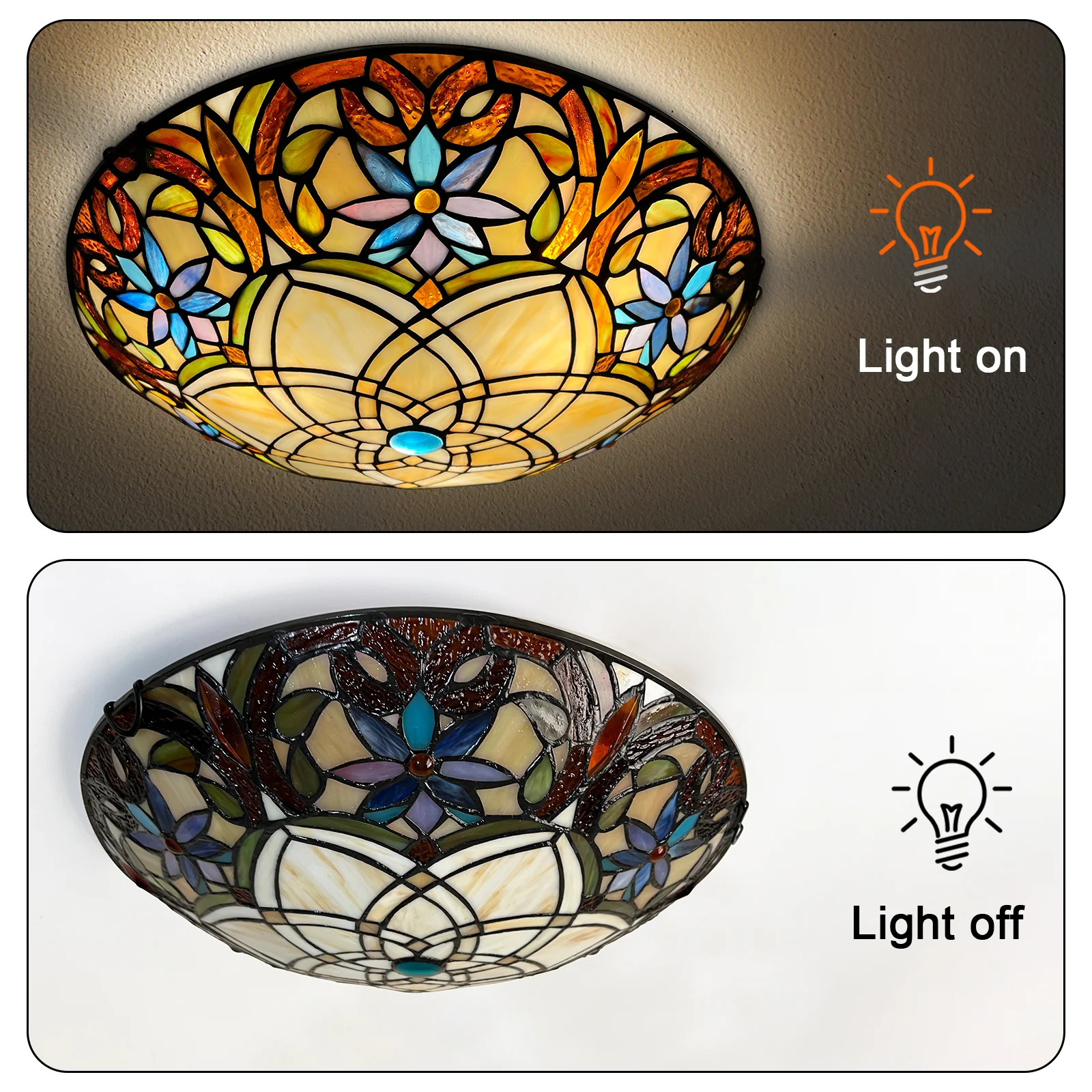 ARTZONE Tiffany Ceiling Lights, Stained Glass Ceiling Light 3-Lights 16 Inch Tiffany Flush Mount Ceiling Light for Bedroom Dining Living Room Entryway Foyer - Image 6