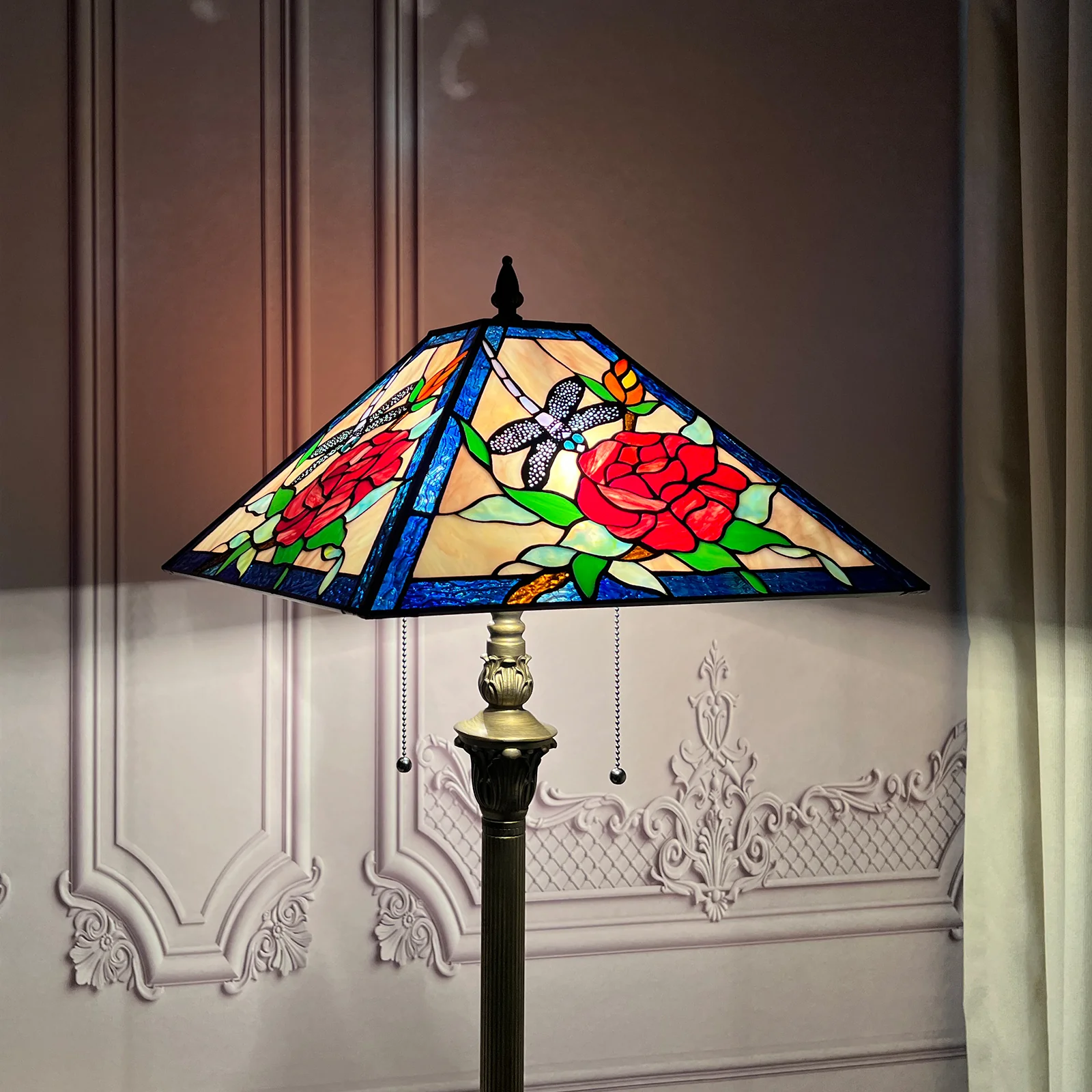 Tiffany Floor Lamp with Nightlight — Rose & Dragonfly Stained Glass, W16" × H59"