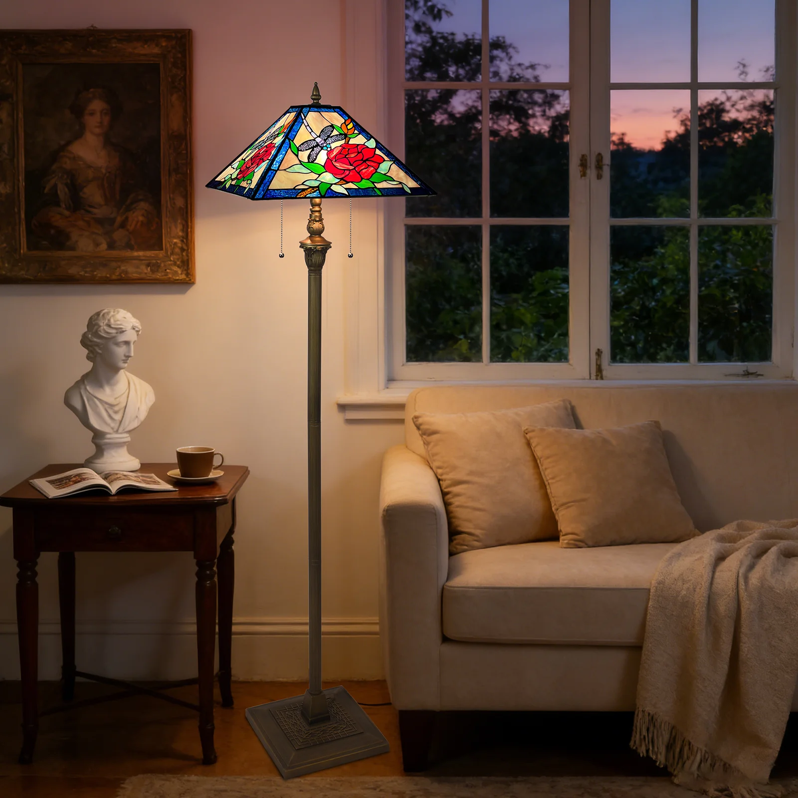 Tiffany Floor Lamp with Nightlight — Rose & Dragonfly Stained Glass, W16" × H59" - Image 2