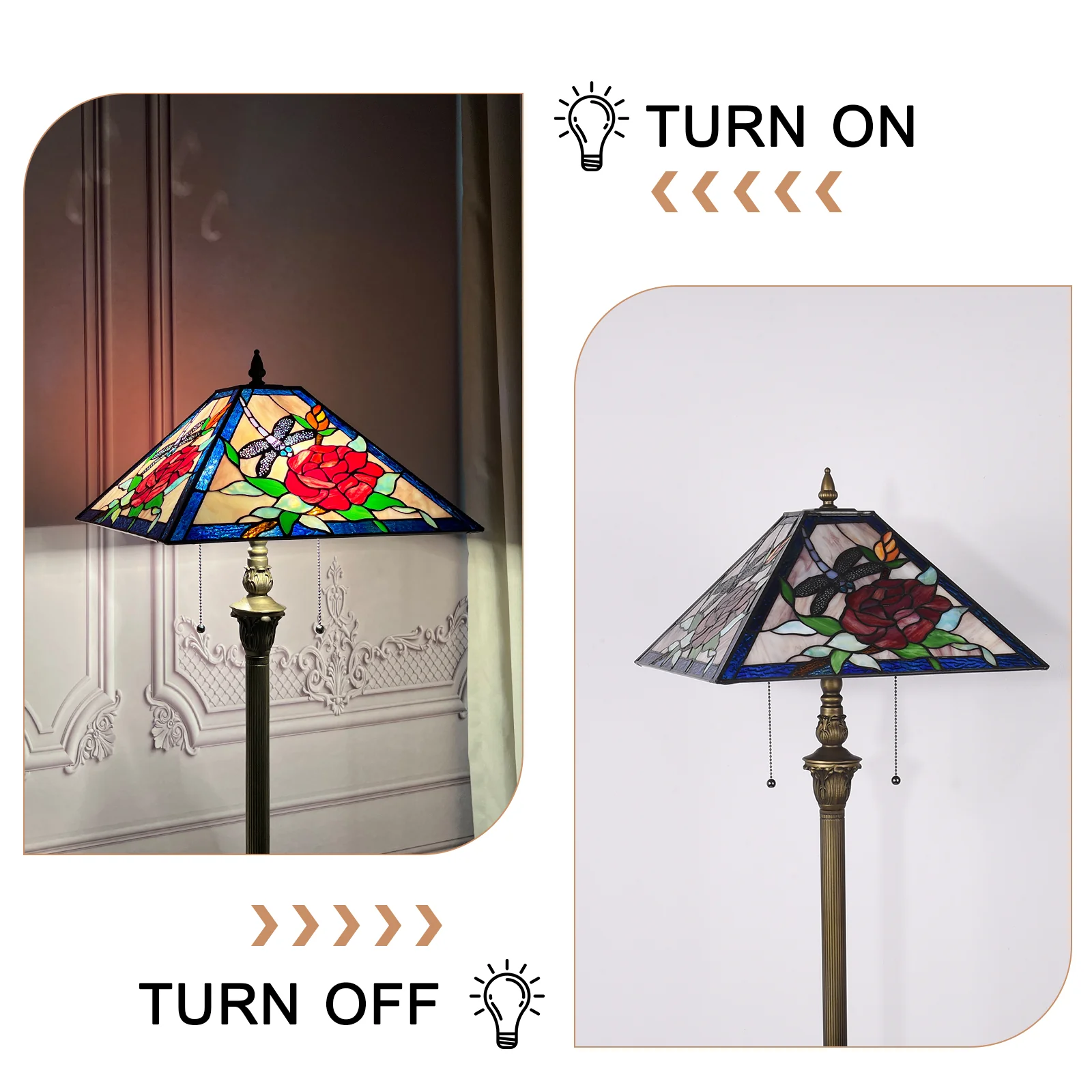 Tiffany Floor Lamp with Nightlight — Rose & Dragonfly Stained Glass, W16" × H59" - Image 6