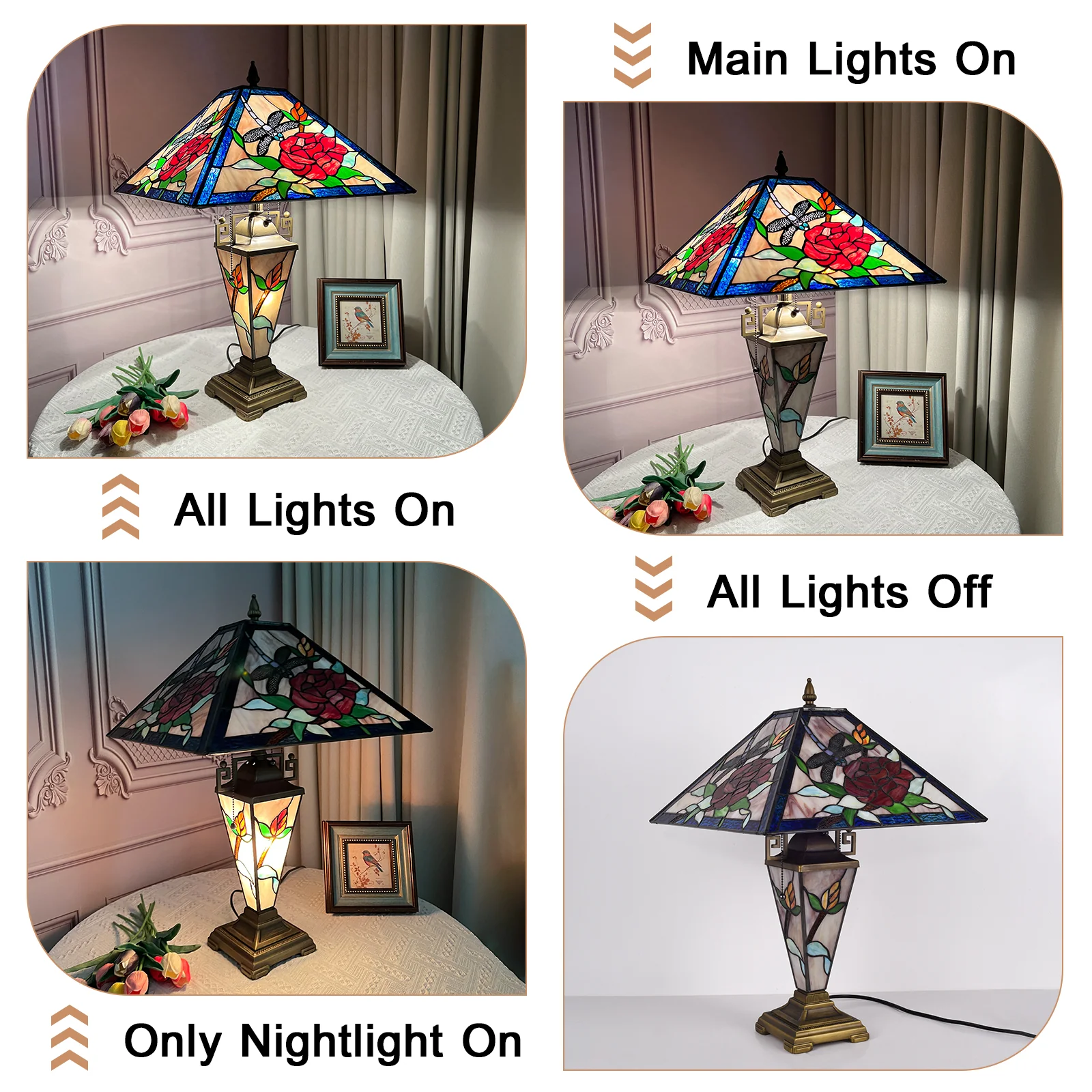 Tiffany Table Lamp with Nightlight — Rose & Dragonfly Stained Glass, W16" × H24" - Image 6