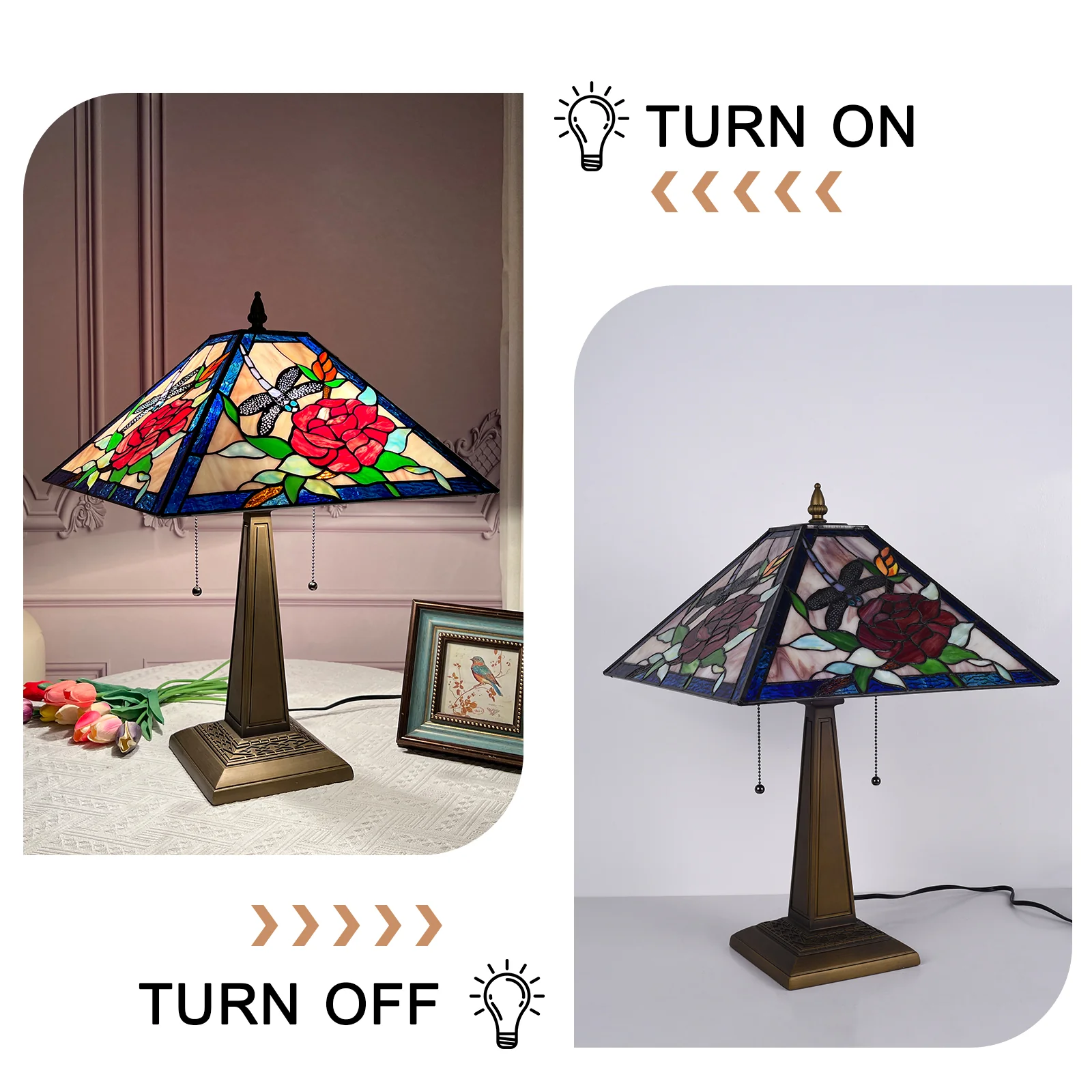 Tiffany Table Lamp with Nightlight — Rose & Dragonfly Stained Glass, W16" × H24" - Image 7