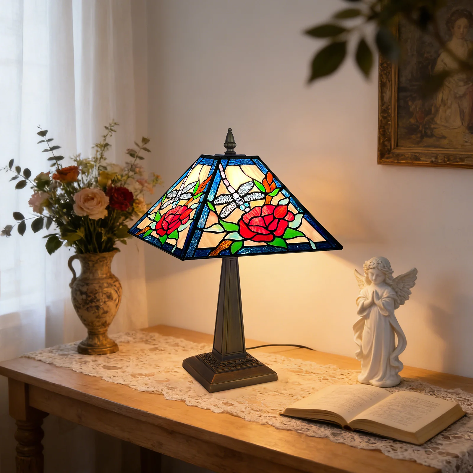 ARTZONE Tiffany Table Lamp[W12''xH20''], Tiffany Table Lights Antique Stained Glass Bedside Table Lamp for Bedside/Desk Reading/Living Room/Home Office/Bedroom - Image 2