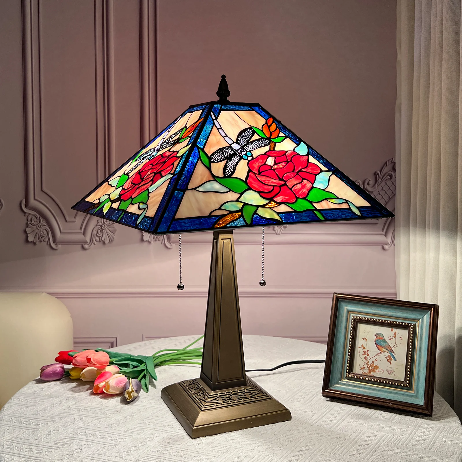 ARTZONE Tiffany Table Lamp[W16''xH24''], Tiffany Table Lights Antique Stained Glass Bedside Table Lamp for Bedside/Desk Reading/Living Room/Home Office/Bedroom