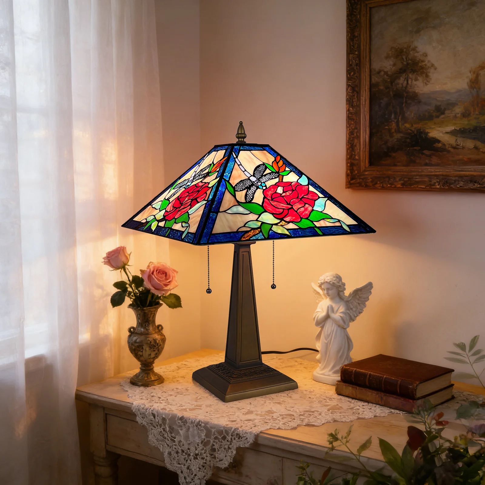 ARTZONE Tiffany Table Lamp[W16''xH24''], Tiffany Table Lights Antique Stained Glass Bedside Table Lamp for Bedside/Desk Reading/Living Room/Home Office/Bedroom - Image 2