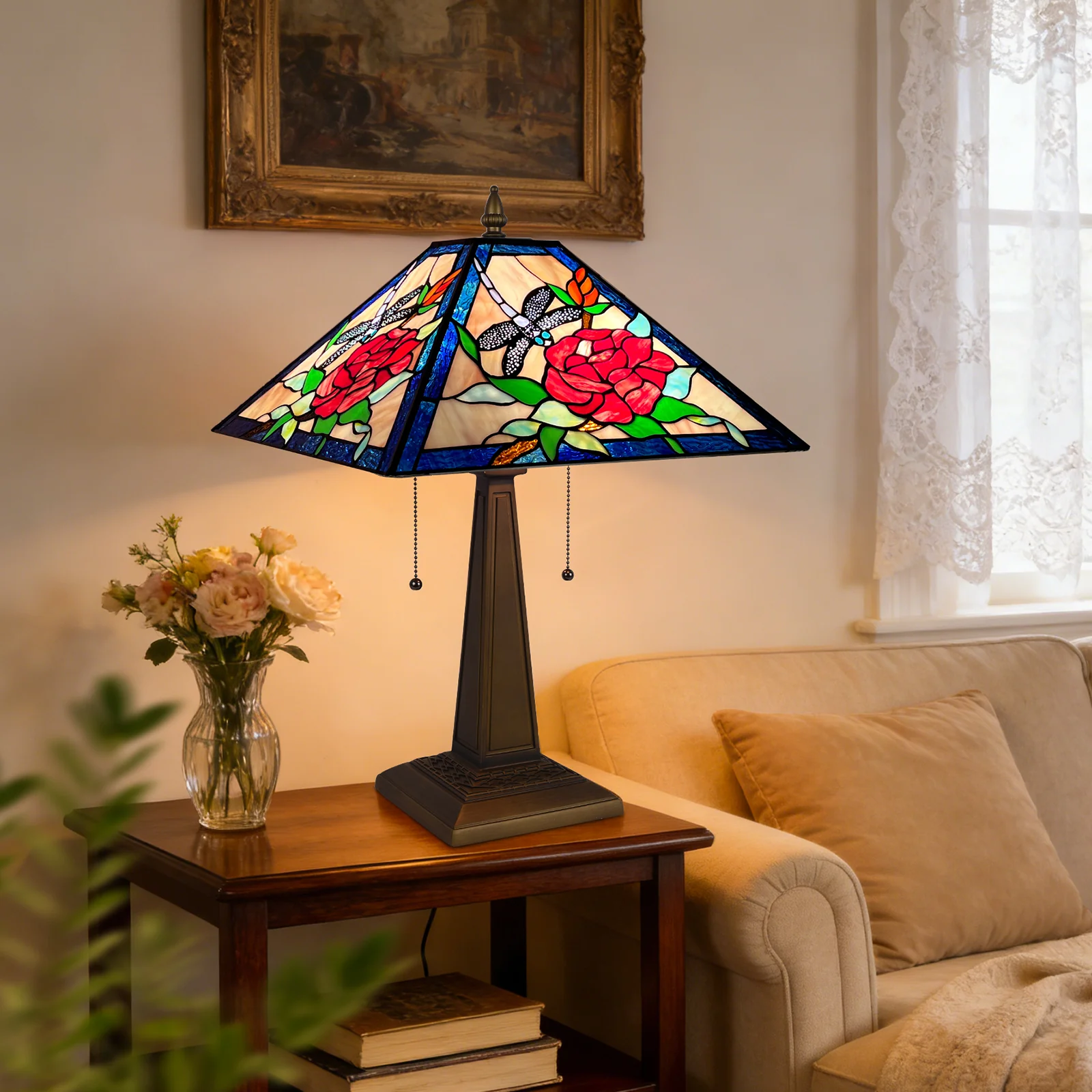 ARTZONE Tiffany Table Lamp[W16''xH24''], Tiffany Table Lights Antique Stained Glass Bedside Table Lamp for Bedside/Desk Reading/Living Room/Home Office/Bedroom - Image 3