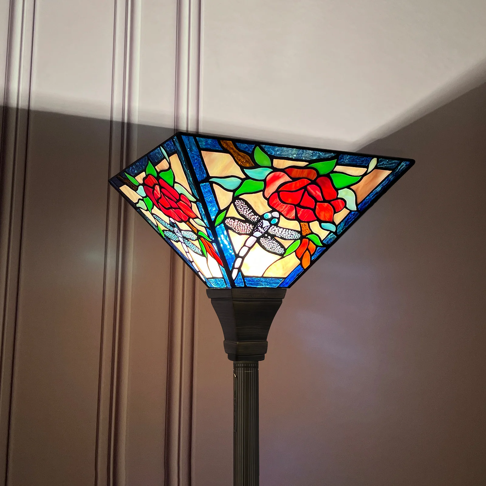 ARTZONE Tiffany Torchiere Floor Lamp,Handcrafted Stained Glass Lamp Shade,Antique Style Standing Corner Light for Living Room and Bedroom