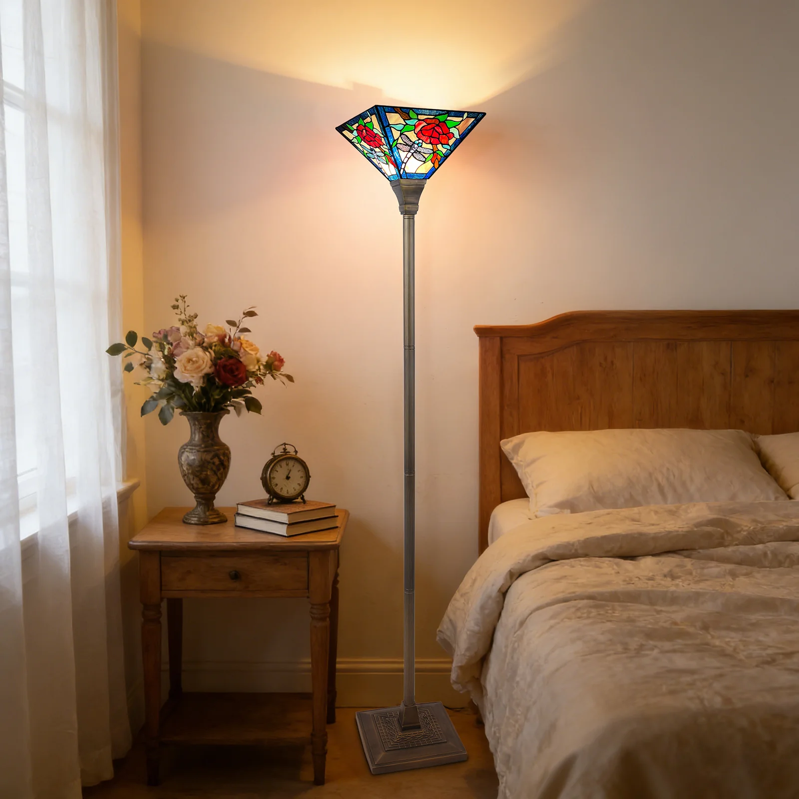 ARTZONE Tiffany Torchiere Floor Lamp,Handcrafted Stained Glass Lamp Shade,Antique Style Standing Corner Light for Living Room and Bedroom - Image 3