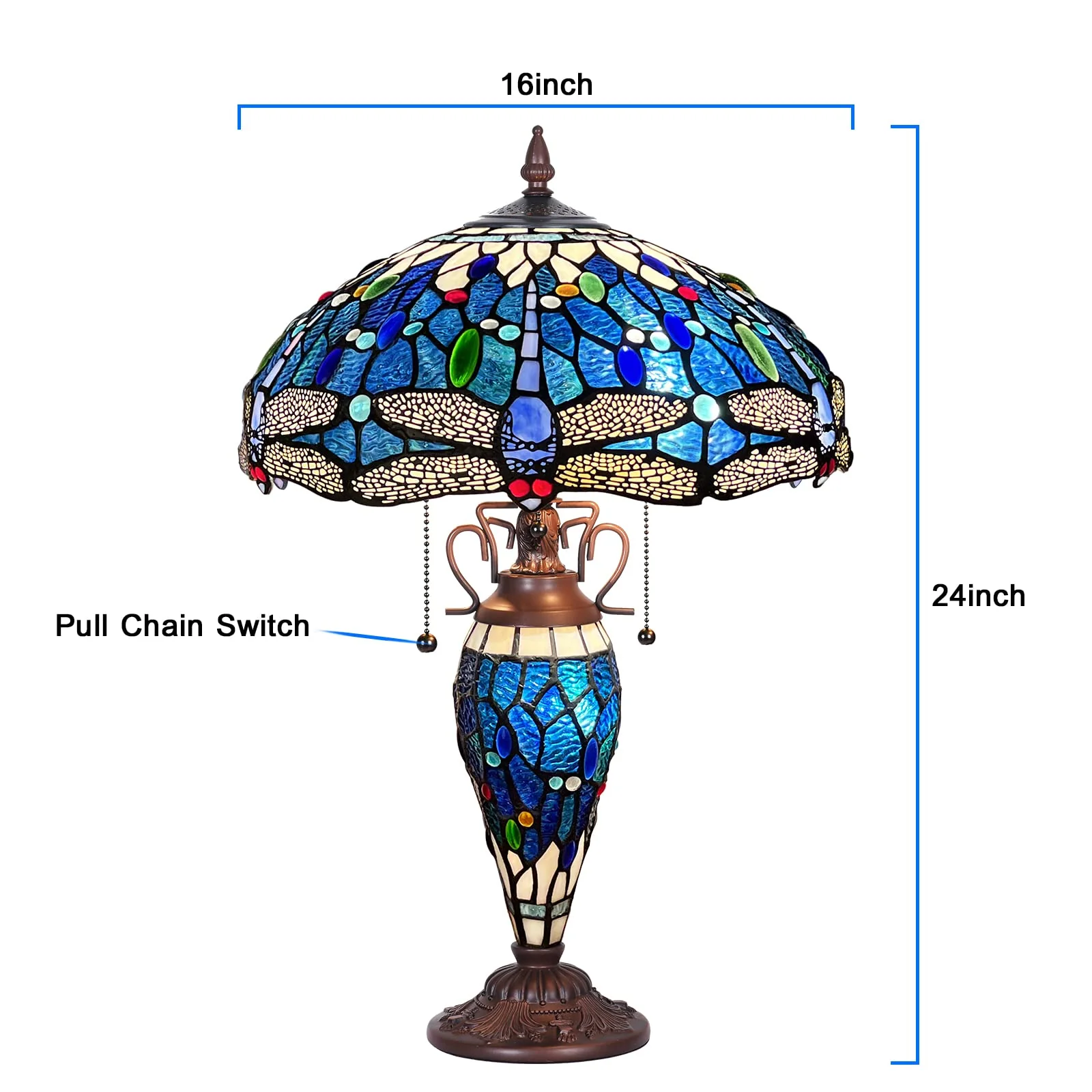 Capulina Tiffany Lamp, Stained Glass Table Lamp 16X16X24 Inches Sea Blue Dragonfly Style Reading Desk Light for Living Room Bedrooms Study Home Office - Image 6
