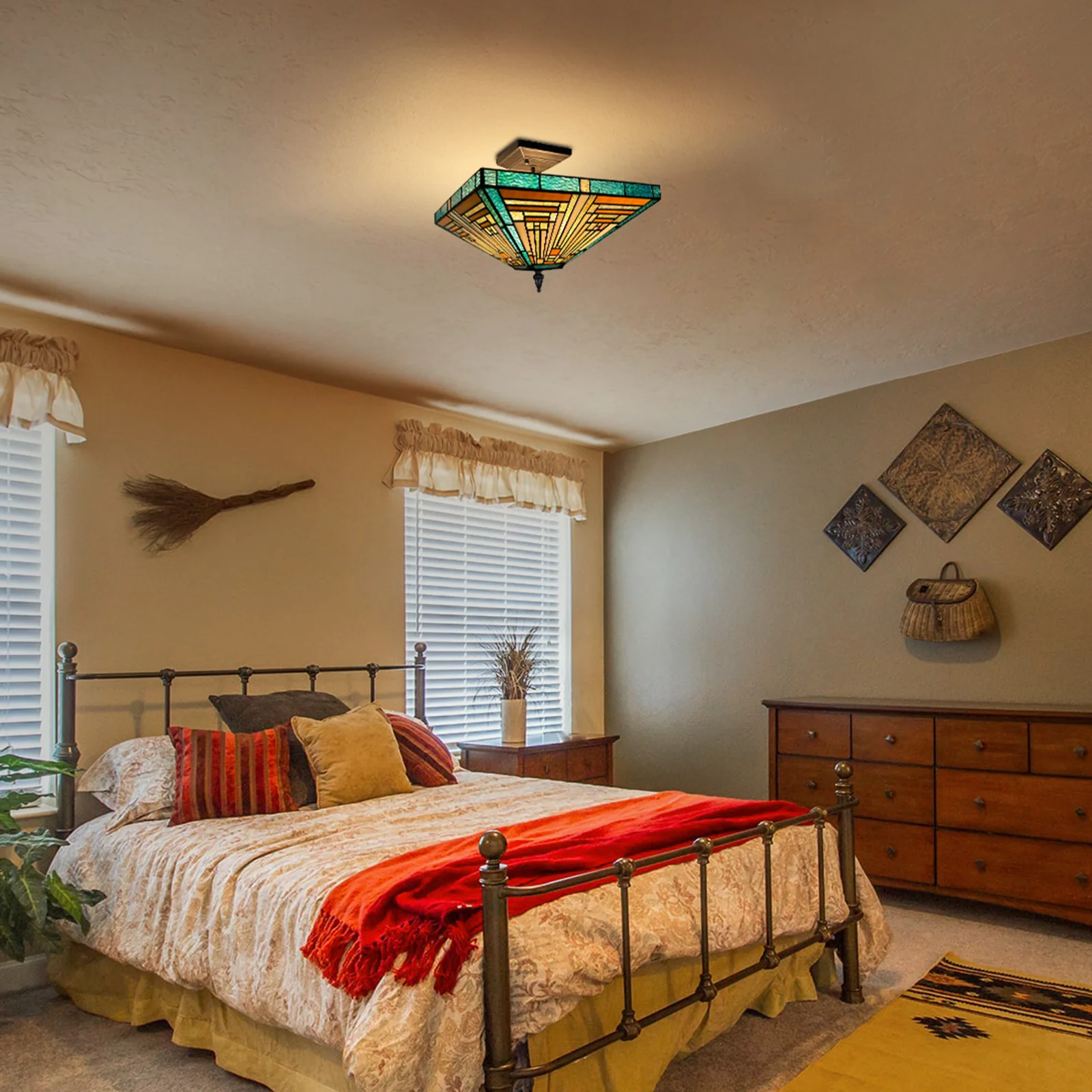 Capulina Tiffany Lamp Stained Glass Ceiling Light 2-Light 14 Inches Wide Amber Green Tiffany Style Semi Flush Mount Ceiling Lamp for Kitchen Porch Entryway Bathroom Hallway - Image 4