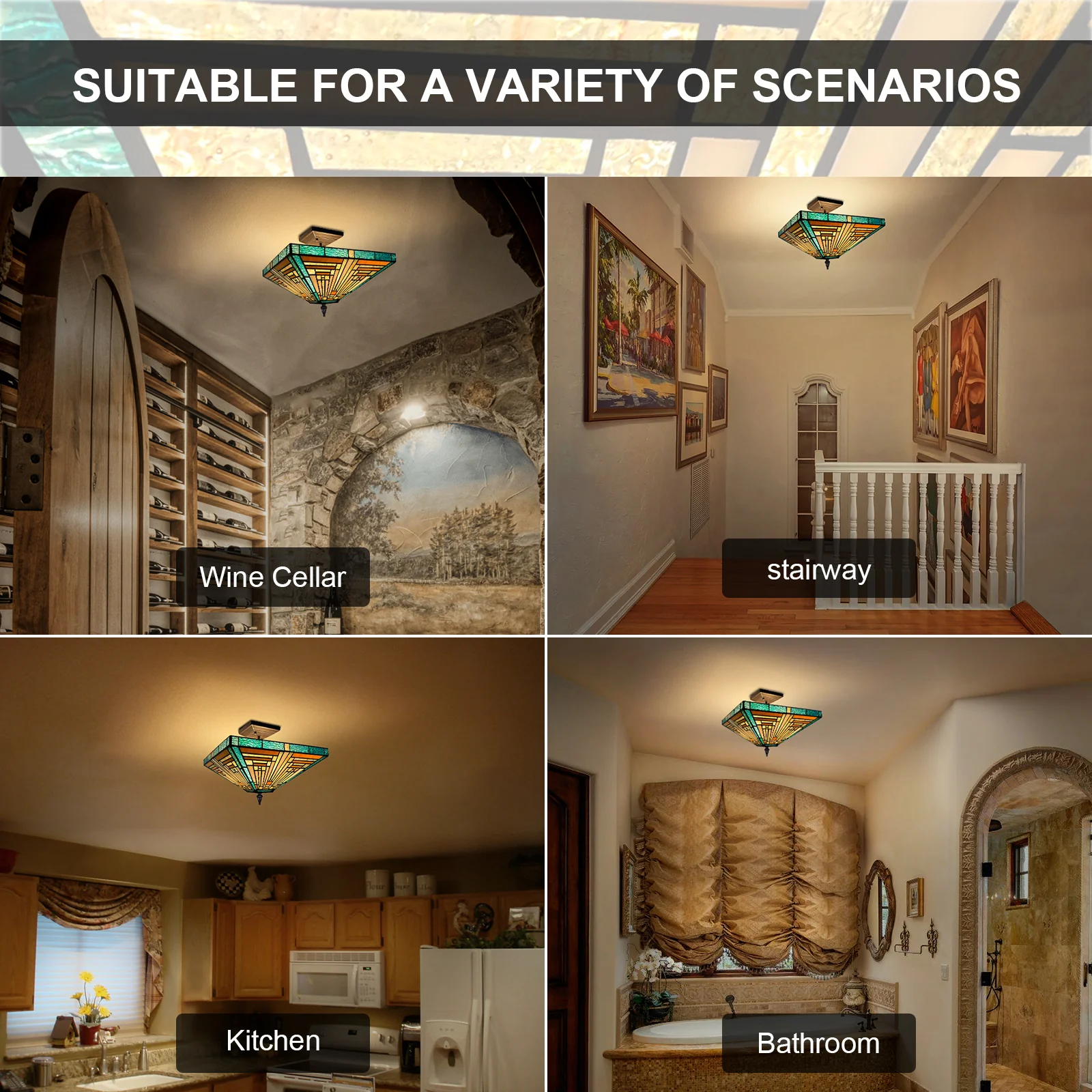 Capulina Tiffany Lamp Stained Glass Ceiling Light 2-Light 14 Inches Wide Amber Green Tiffany Style Semi Flush Mount Ceiling Lamp for Kitchen Porch Entryway Bathroom Hallway - Image 7