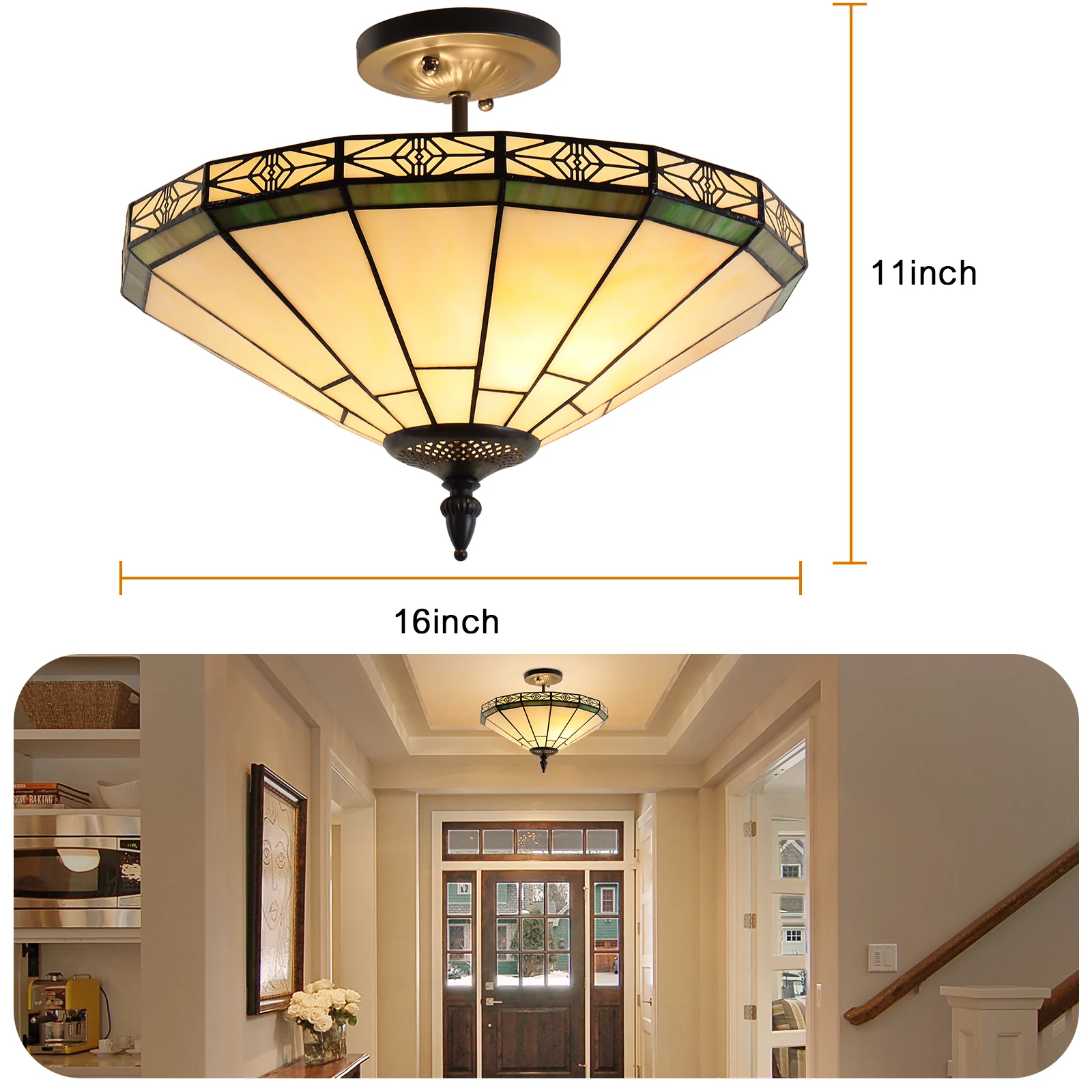 Capulina Tiffany Lamp Stained Glass Ceiling Light 2-Light 16 Inches Wide Cream Tiffany Style Semi Flush Mount Ceiling Lamp for Dining Room Porch Hallway Kitchen Entryway - Image 4