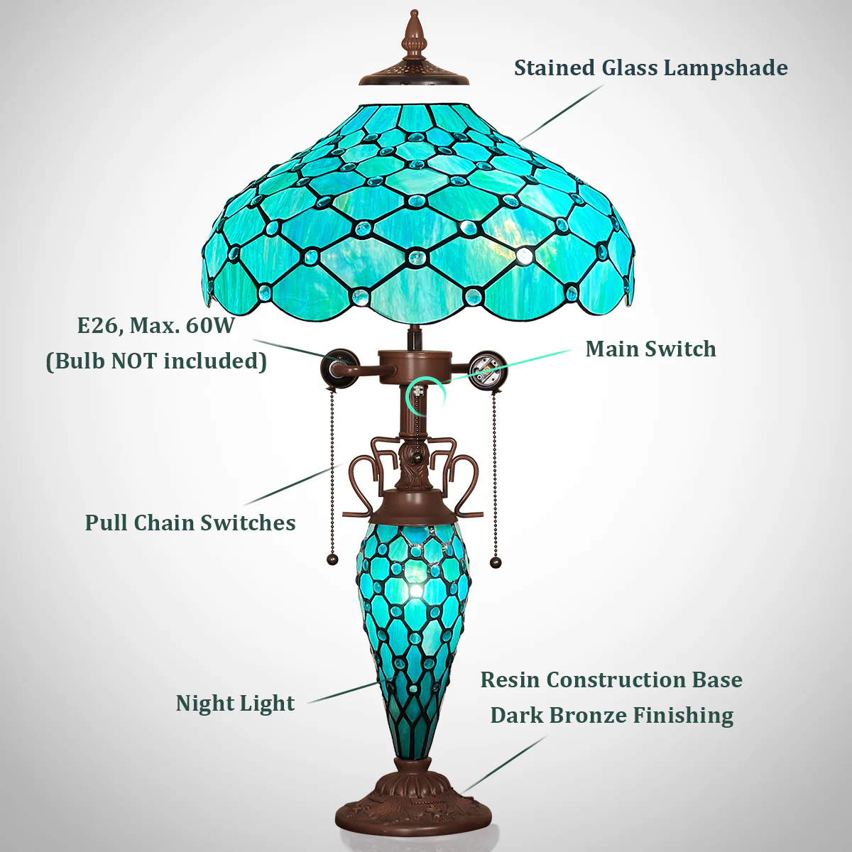 Capulina Tiffany Lamp Stained Glass Table Lamp 3-Light 16x16x24 Inches Mother-Daughter Vase Seagrass Blue Beads Tiffany Style Desk Reading Lamp Decor for Home Office Bedroom Living Room - Image 3