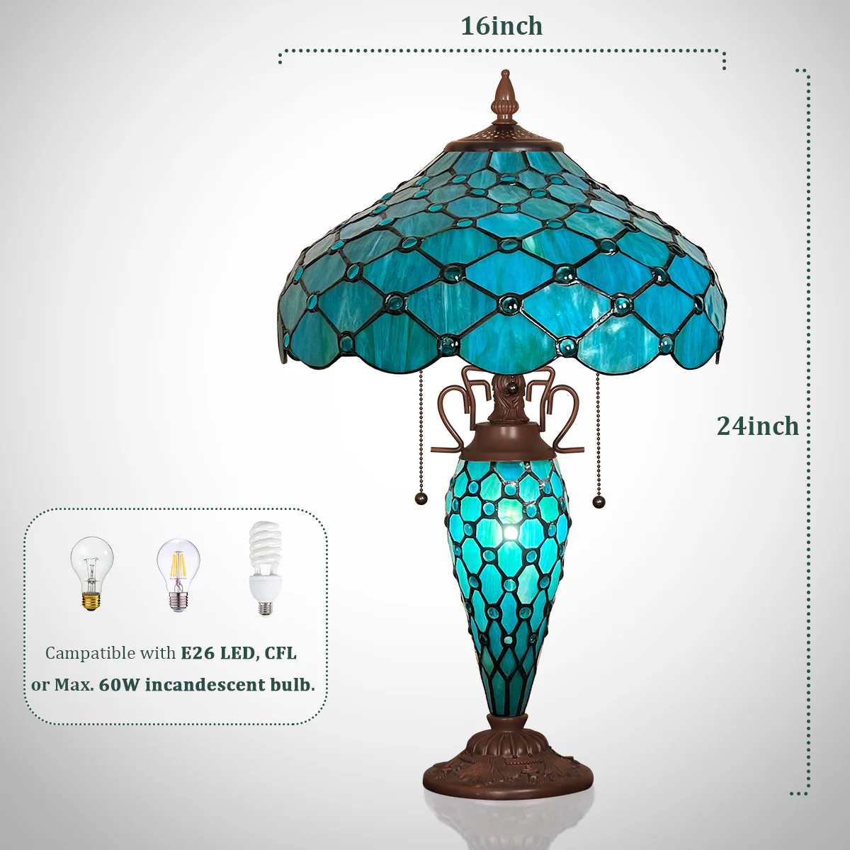 Capulina Tiffany Lamp Stained Glass Table Lamp 3-Light 16x16x24 Inches Mother-Daughter Vase Seagrass Blue Beads Tiffany Style Desk Reading Lamp Decor for Home Office Bedroom Living Room - Image 4