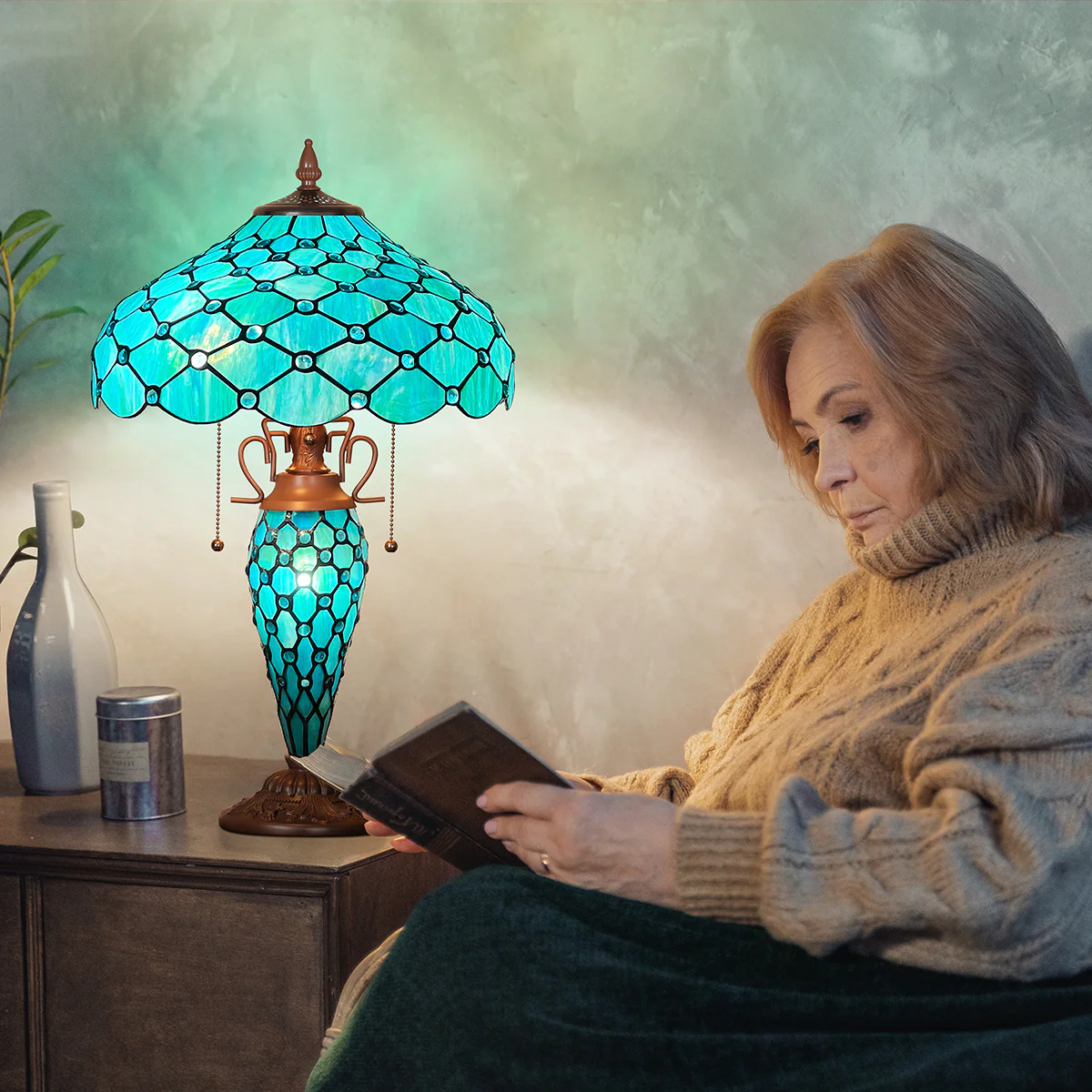 Capulina Tiffany Lamp Stained Glass Table Lamp 3-Light 16x16x24 Inches Mother-Daughter Vase Seagrass Blue Beads Tiffany Style Desk Reading Lamp Decor for Home Office Bedroom Living Room - Image 7