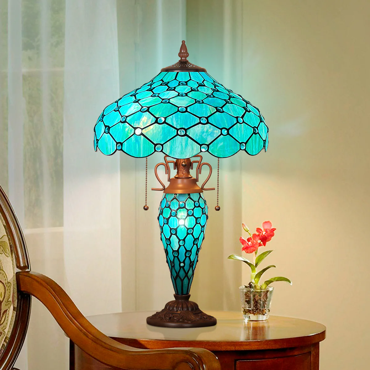 Capulina Tiffany Lamp Stained Glass Table Lamp 3-Light 16x16x24 Inches Mother-Daughter Vase Seagrass Blue Beads Tiffany Style Desk Reading Lamp Decor for Home Office Bedroom Living Room - Image 8