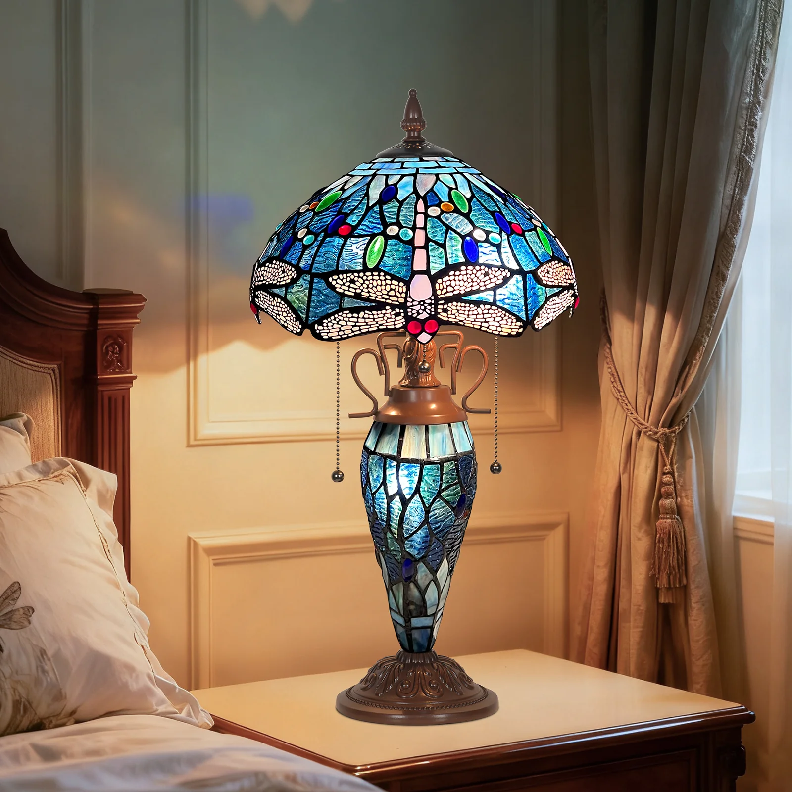Capulina Tiffany Lamp Stained Glass Table Lamp Mother-Daughter Vase 3-Light 12X12X20 Inches Antique Blue Dragonfly Tiffany Style Desk Lamp for Home Office Living Room Bedroom - Image 4