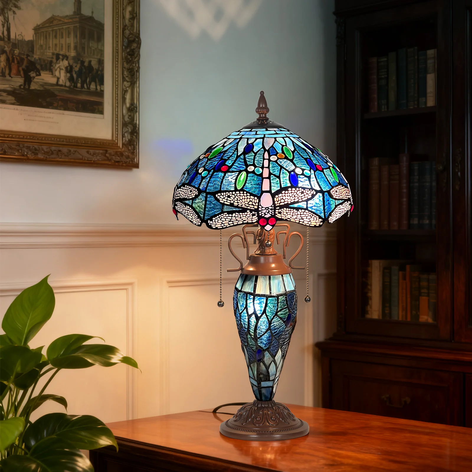 Capulina Tiffany Lamp Stained Glass Table Lamp Mother-Daughter Vase 3-Light 12X12X20 Inches Antique Blue Dragonfly Tiffany Style Desk Lamp for Home Office Living Room Bedroom - Image 5