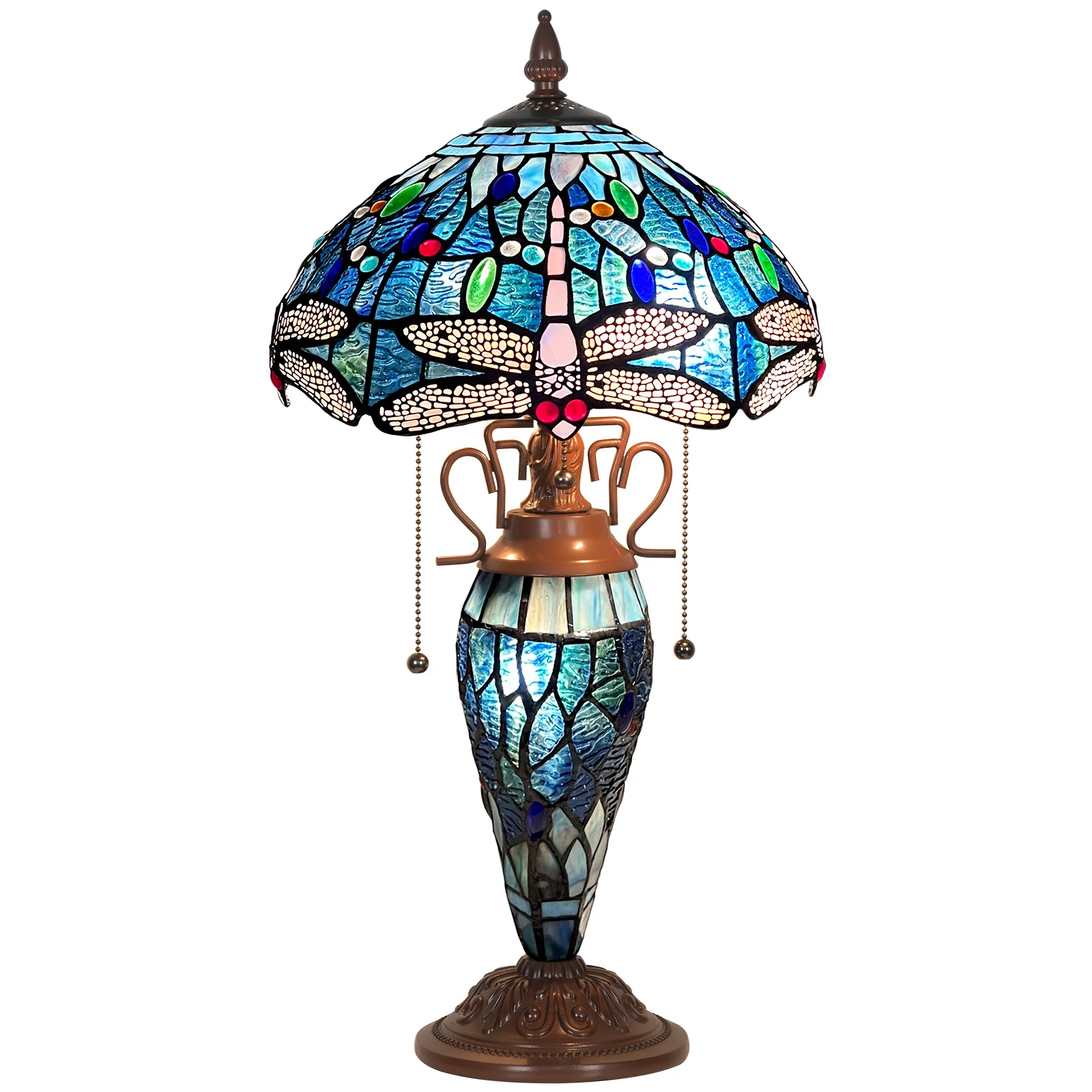 Capulina Tiffany Lamp Stained Glass Table Lamp Mother-Daughter Vase 3-Light 12X12X20 Inches Antique Blue Dragonfly Tiffany Style Desk Lamp for Home Office Living Room Bedroom - Image 7