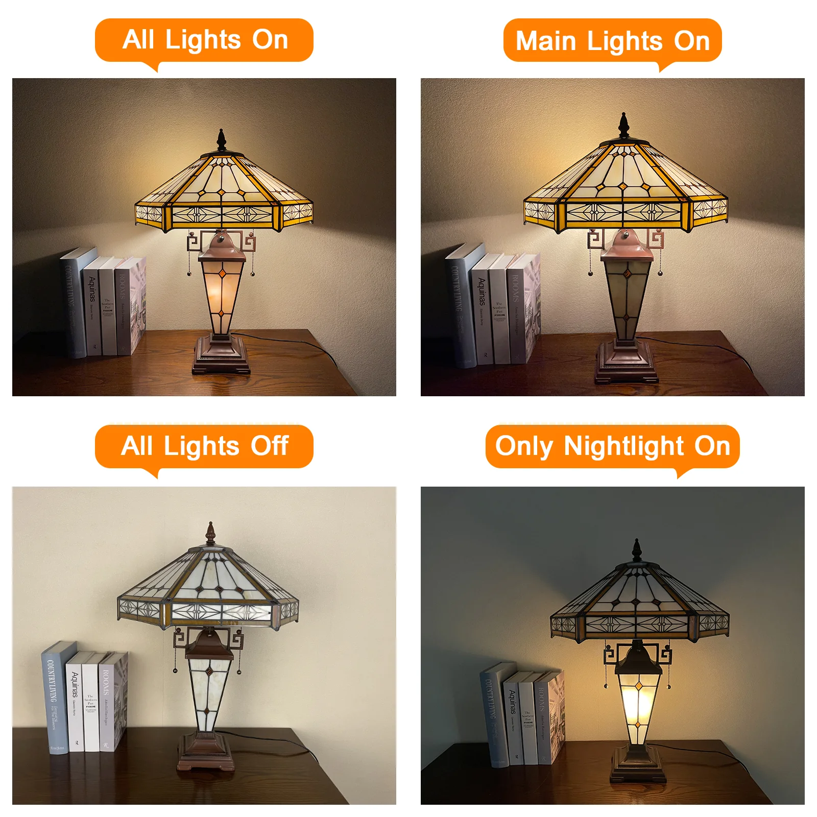 Capulina Tiffany Stained Glass Table Lamp 3-Lights 16x16x24 Inches Mother-Daughter Vase Cream Hexagon Desk Reading Lamp for Home Office Bedroom Living Room - Image 5