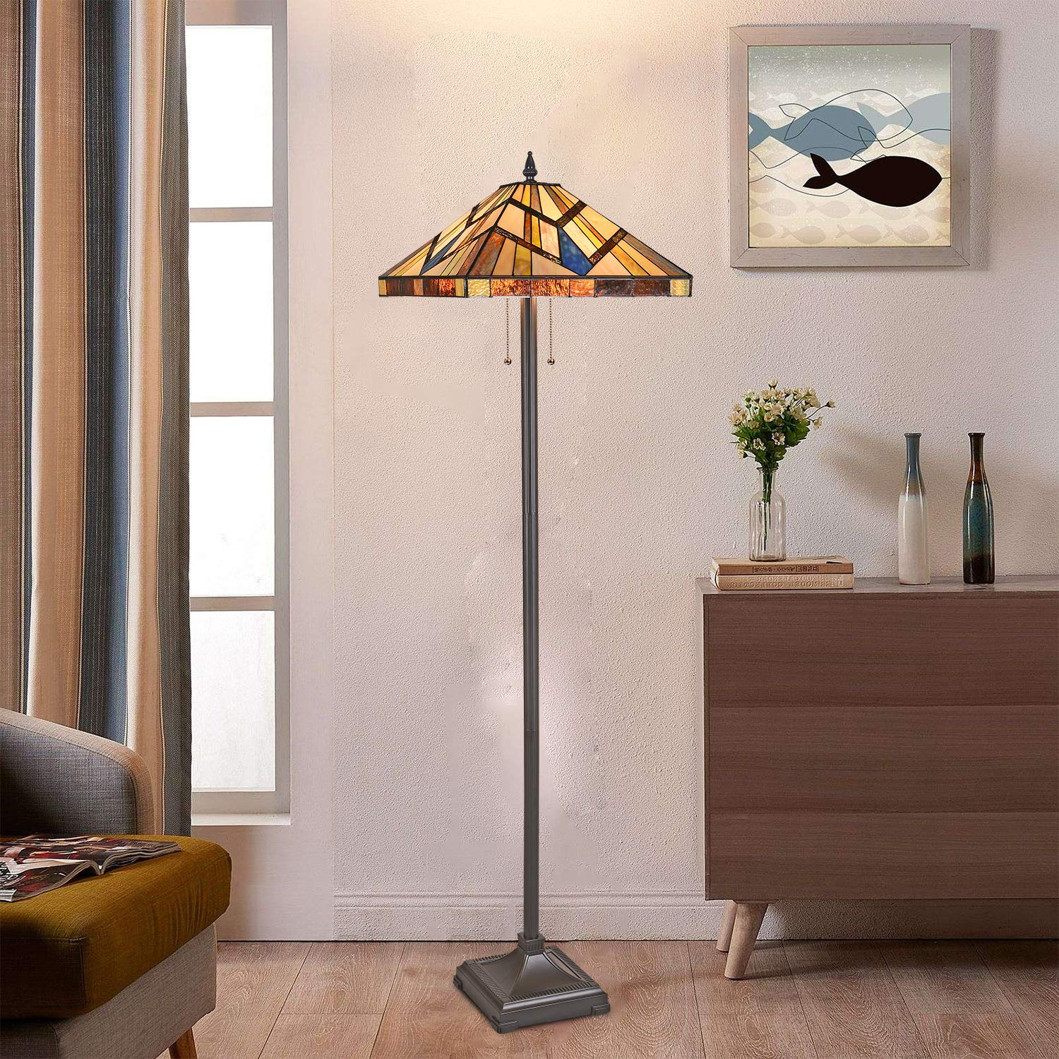 Capulina Tiffany Style Floor Lamp 2-Light 16 Inches Wide Cream Amber Stained Glass Antique Style Standing Lamp for Living Room Bedroom Home Office - Image 4