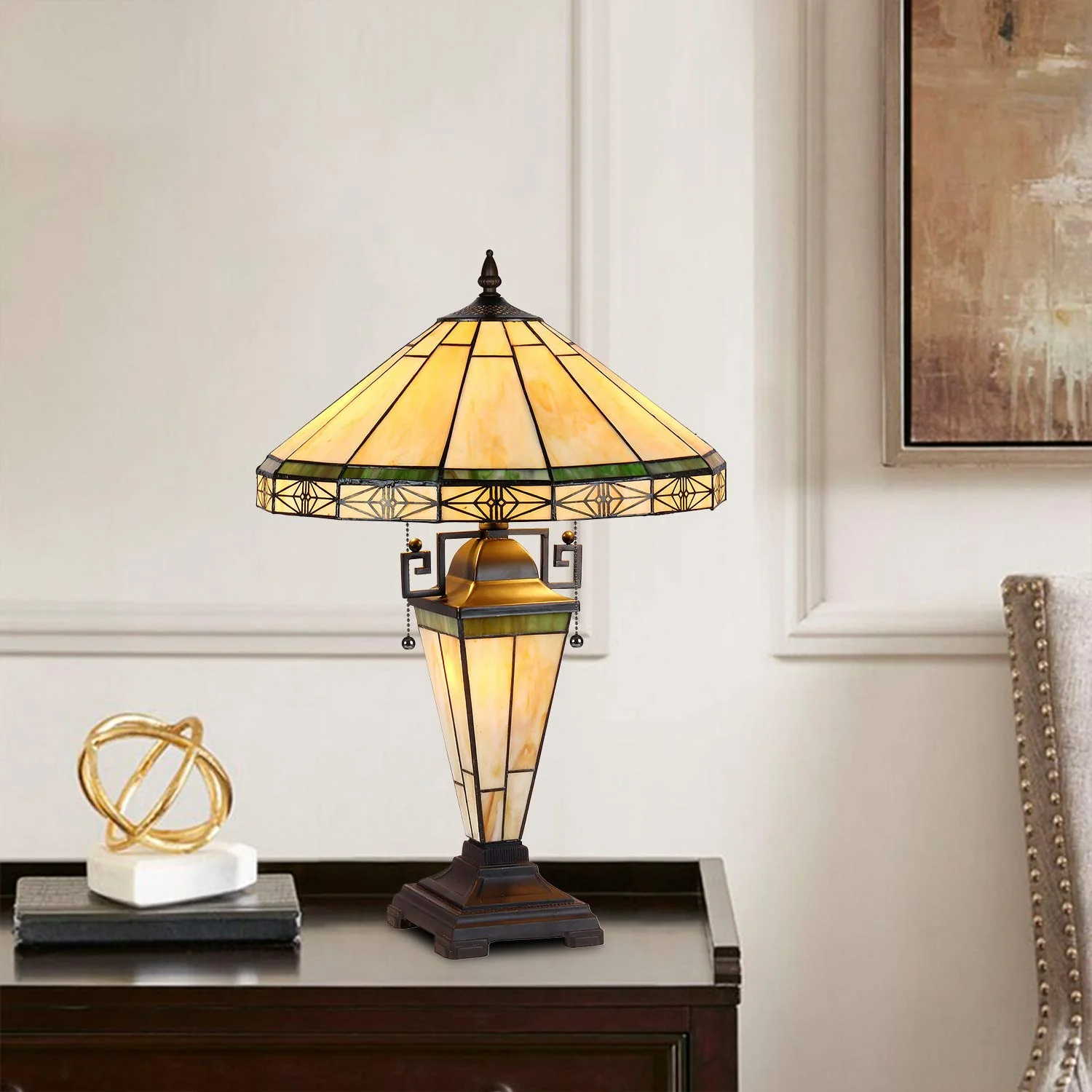 Capulina Tiffany Table Lamp 3-Light with Nightlight 16X16X24 Inches Cream Style Stained Glass Mother-Daughter Vase Desk Light Decor for Living Room Bedroom - Image 3