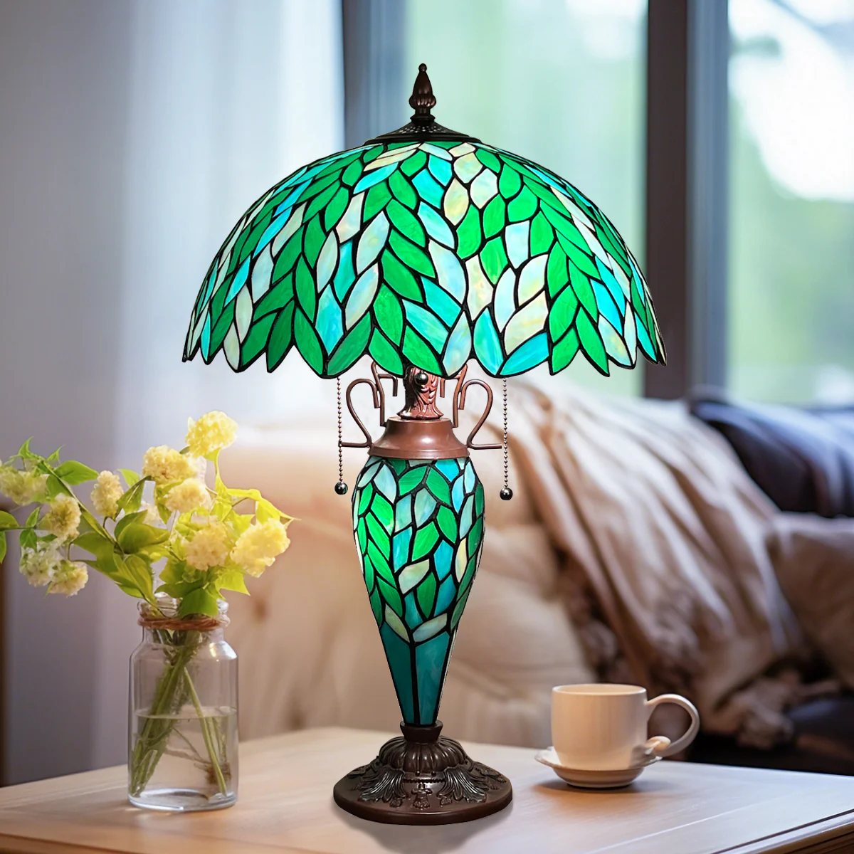 COTOSS Tiffany Lamp 16" Green Wisteria Stained Glass Table Lamp 3-Lights - Image 3
