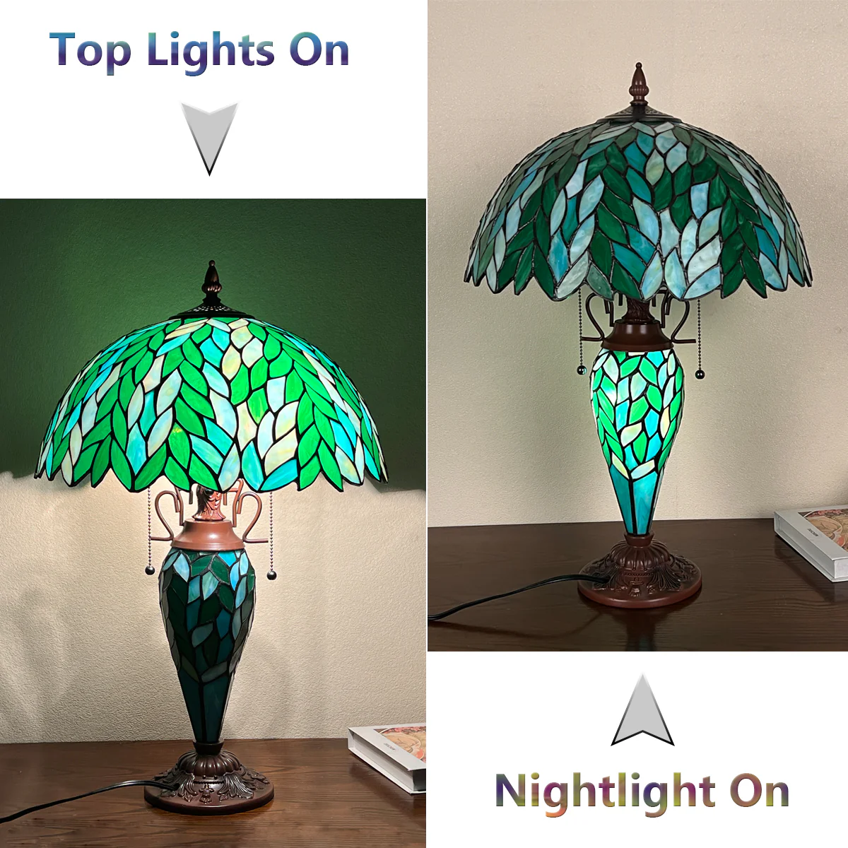 COTOSS Tiffany Lamp 16" Green Wisteria Stained Glass Table Lamp 3-Lights - Image 6