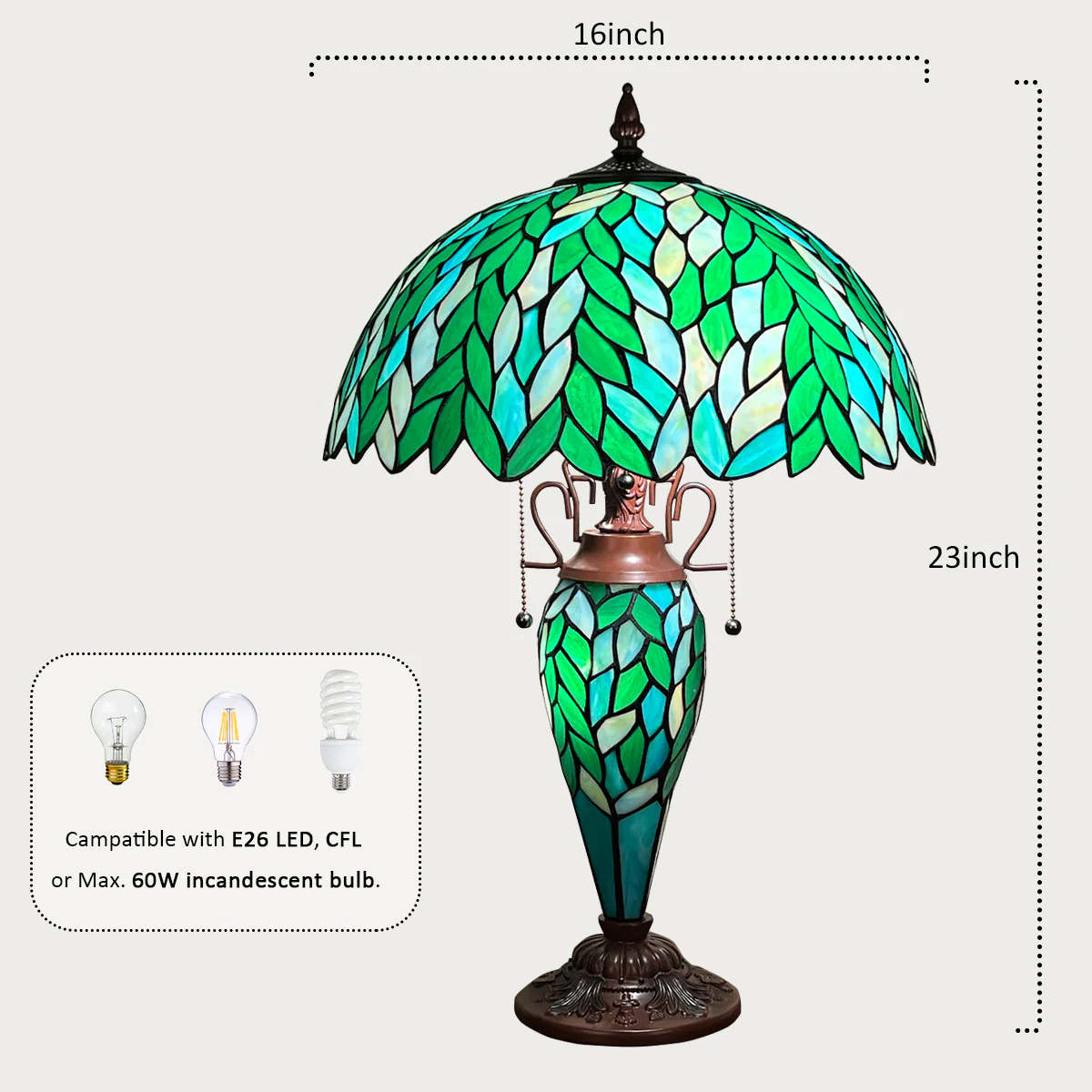 COTOSS Tiffany Lamp 16" Green Wisteria Stained Glass Table Lamp 3-Lights - Image 8