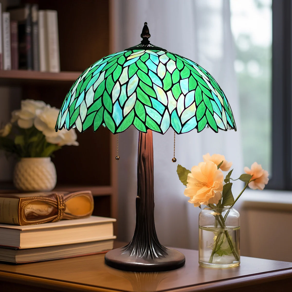 COTOSS Tiffany Lamp 16" Large Green Wisteria Stained Glass Table Lamp - Image 8