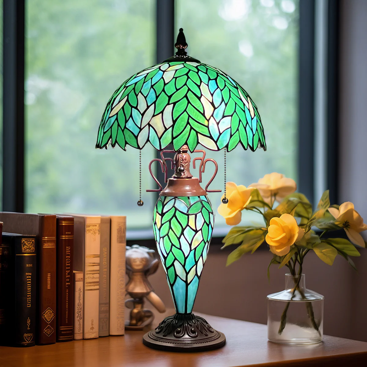 COTOSS Tiffany Lamp Green Wisteria Stained Glass Table Lamp 3-Lights - Image 6