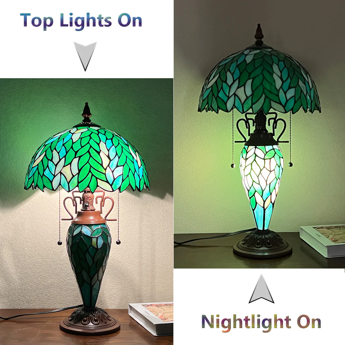 COTOSS Tiffany Lamp Green Wisteria Stained Glass Table Lamp 3-Lights - Image 7