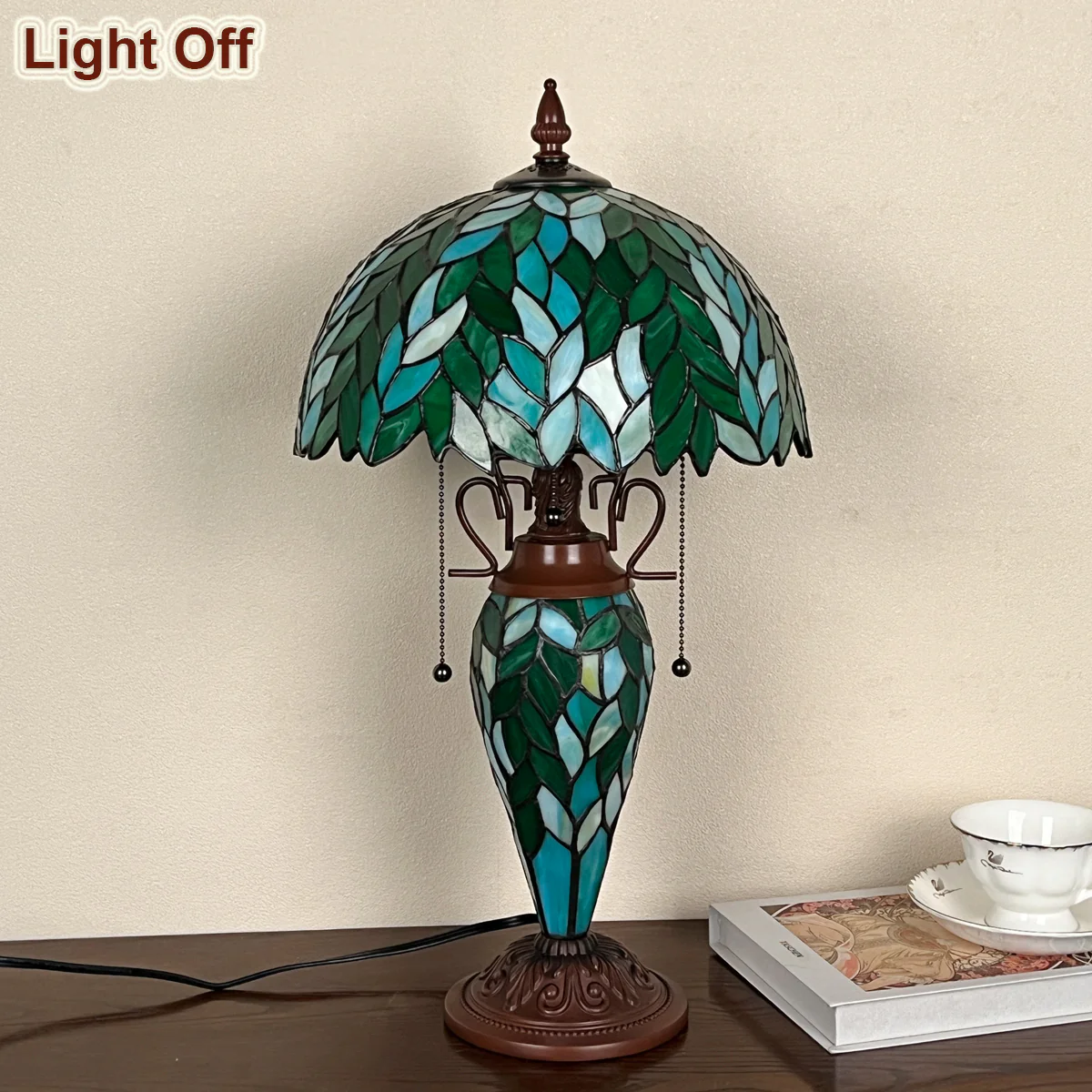 COTOSS Tiffany Lamp Green Wisteria Stained Glass Table Lamp 3-Lights - Image 8