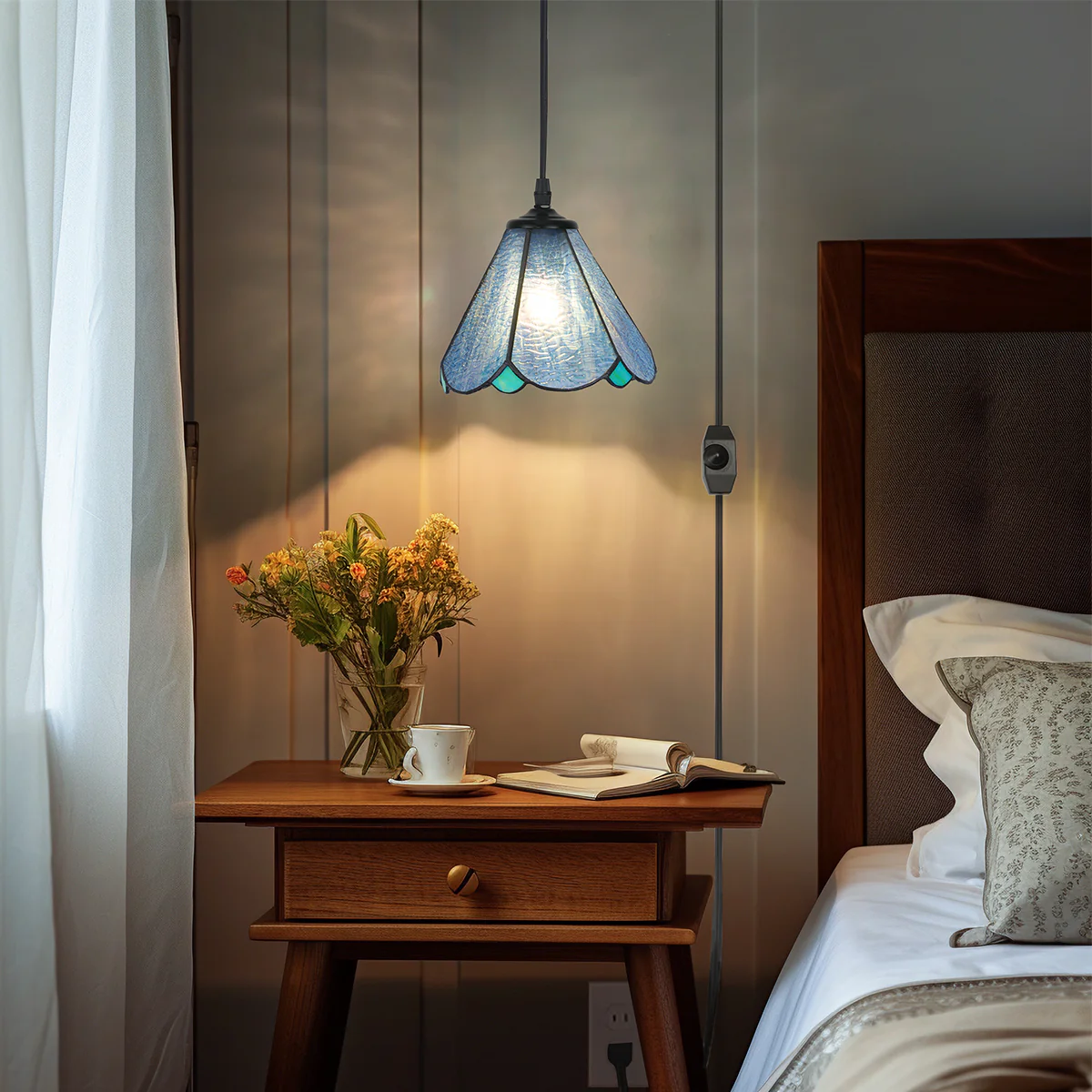 Cotoss Tiffany Pendant Light 1 - Light7 inch hanging pendant plug in Pendant,Perfect for a bedroom nightstand - Image 2