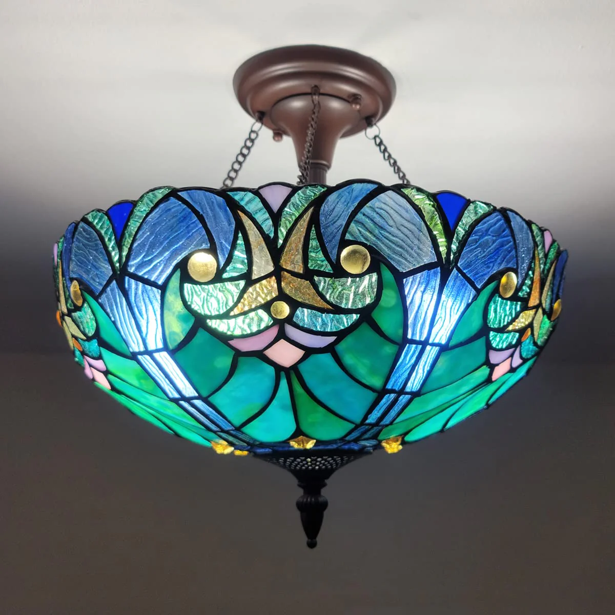 Cotoss Tiffany Style Ceiling Light Fixtures 16” Wide Stained Glass Lamp Shade 2-Light Classical Victorian Style Semi Flush Mount Ceiling Light for Hallway Bedroom Kitchen - Image 2