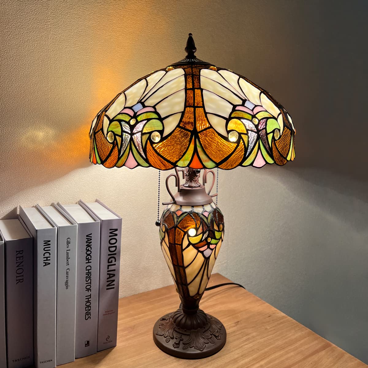 COTOSS Tiffany Table Lamp with NightLight 16 Wide Stained Glass Table Light 24 inch Tall Amber Cream Victorian Style 3 Lights Vintage Desk Lamp for Living Room Bedroom Office - Image 2