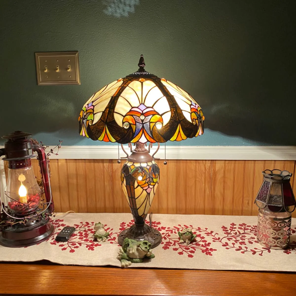 COTOSS Tiffany Table Lamp with NightLight 16 Wide Stained Glass Table Light 24 inch Tall Amber Cream Victorian Style 3 Lights Vintage Desk Lamp for Living Room Bedroom Office - Image 5