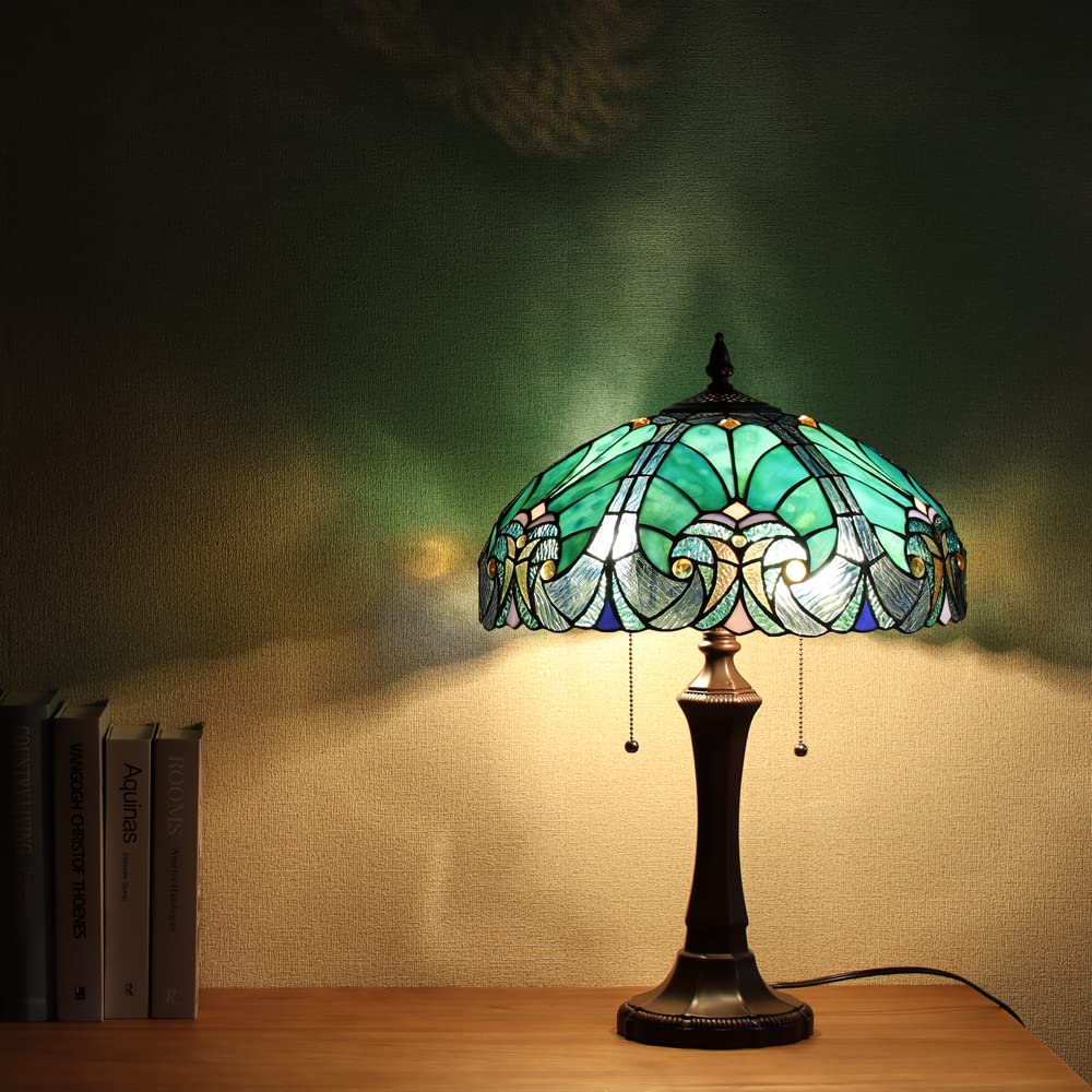 COTOSS Tiffany Table Lamp Sea Green Stained Glass Table Light Antique Style 16 inch Large Desk Lamp 2 Light Victorian Vintage Beside Reading Lamp for Living Room Bedroom Office - Image 2