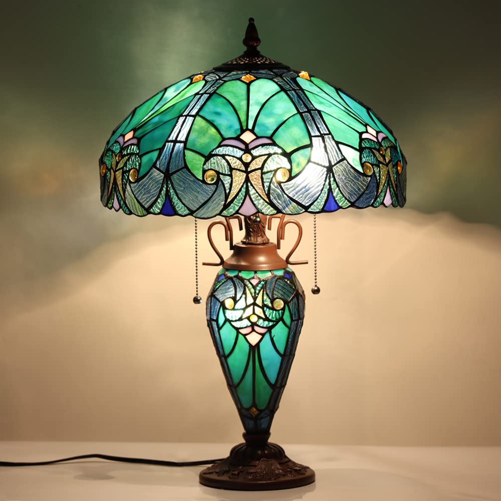 COTOSS Tiffany Table Lamp with Night Light 16 inch Large Stained Glass Table Light Victorian Style Sea Green Antique 3 Light Desk Lamp for Living Room Bedroom Office