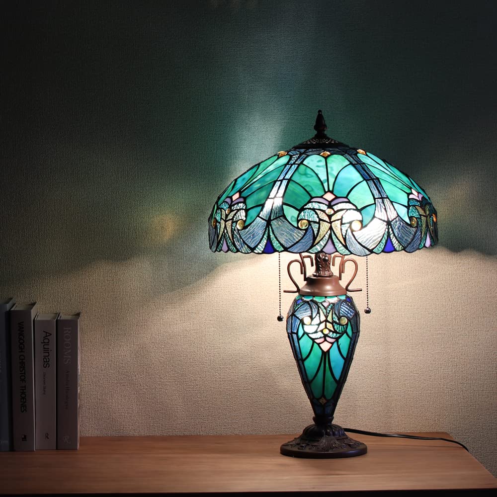 COTOSS Tiffany Table Lamp with Night Light 16 inch Large Stained Glass Table Light Victorian Style Sea Green Antique 3 Light Desk Lamp for Living Room Bedroom Office - Image 2