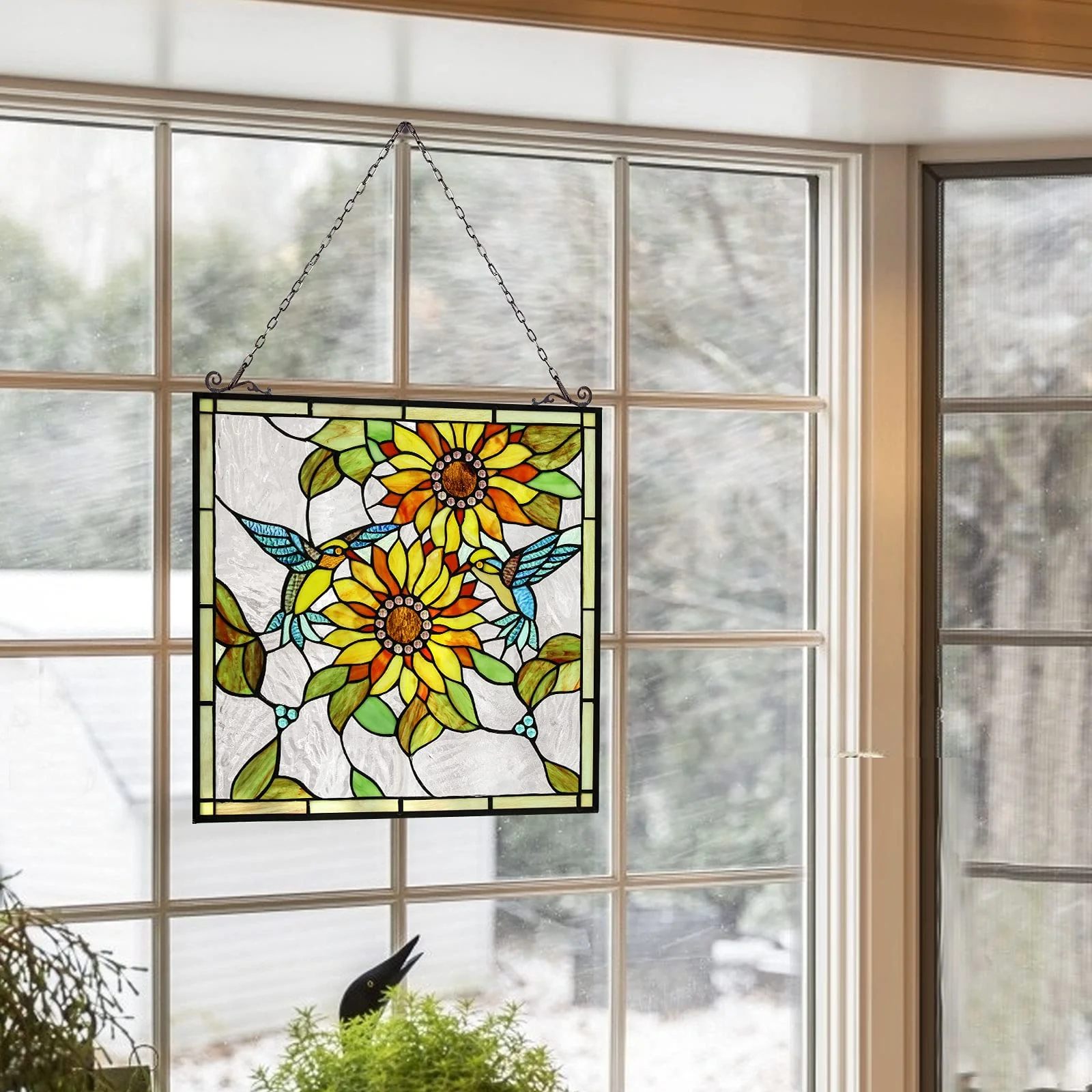 Capulina Sunflower and Birds Large Stained Glass Window Hangings Tiffany Glass - Image 4