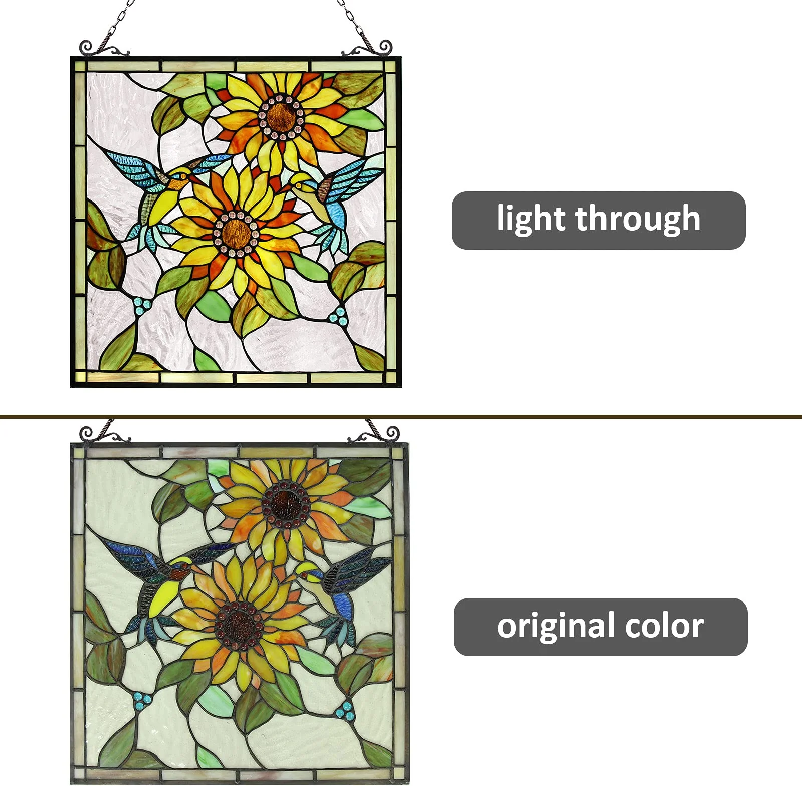 Capulina Sunflower and Birds Large Stained Glass Window Hangings Tiffany Glass - Image 6