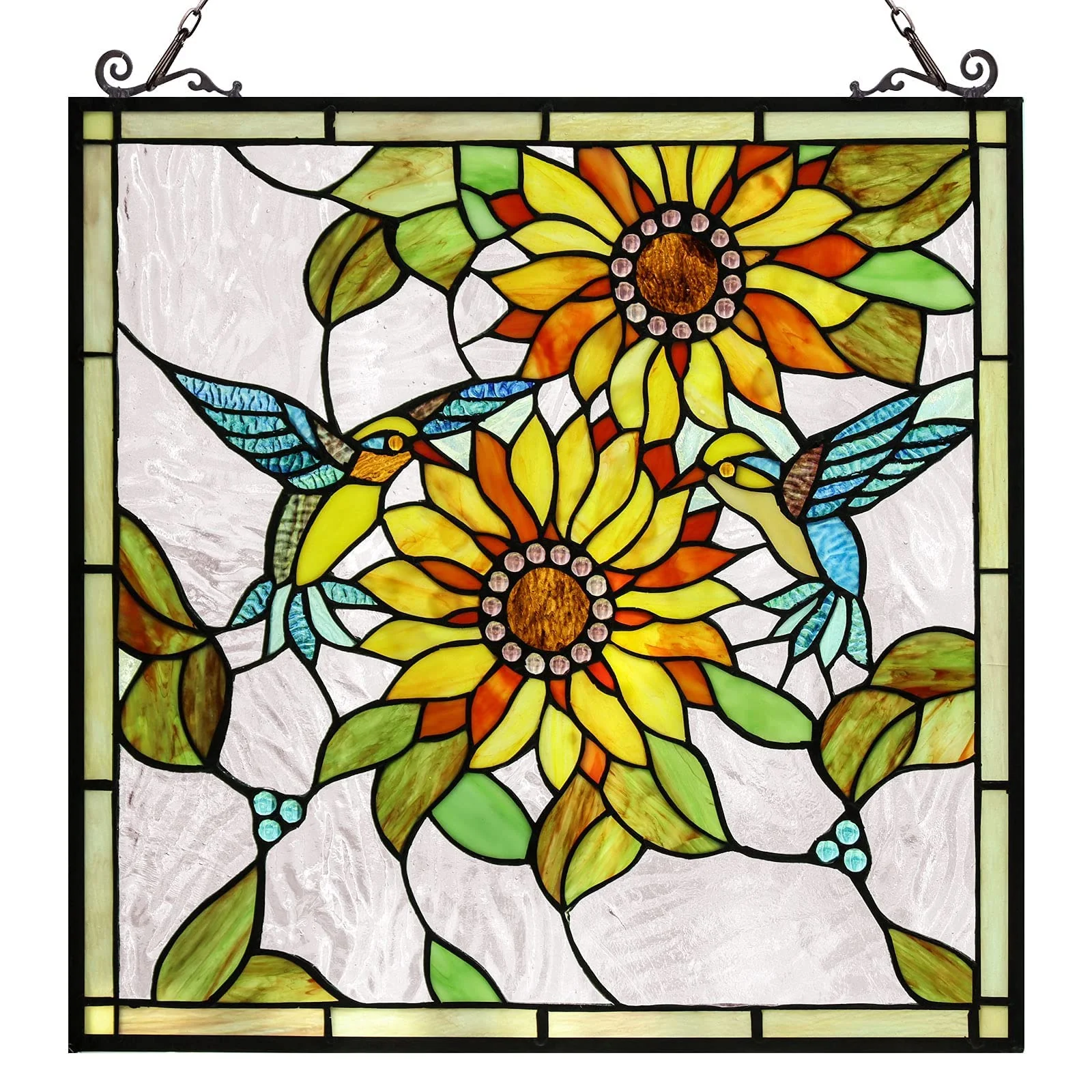 Capulina Sunflower and Birds Large Stained Glass Window Hangings Tiffany Glass - Image 7
