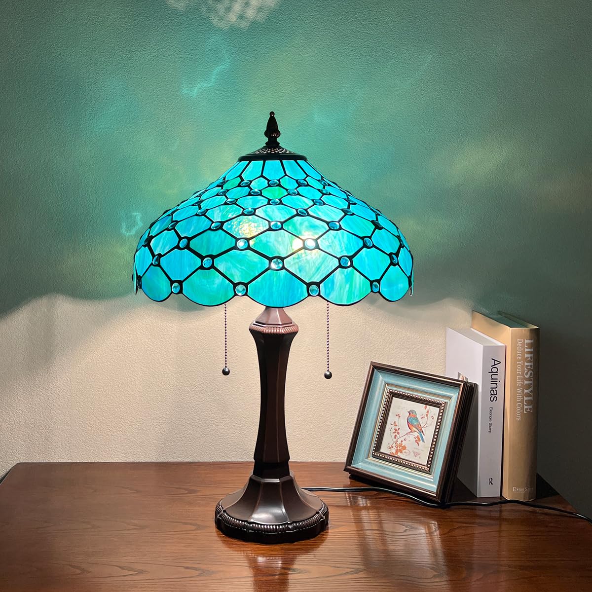 Thatyears Tiffany Table Lamp Seagrass Blue Beads Style Stained Glass Desk Lamp 16X16X24 Inches Vintage Style Desk Reading Light Decor for Bedroom Living Room Home Office - Image 2
