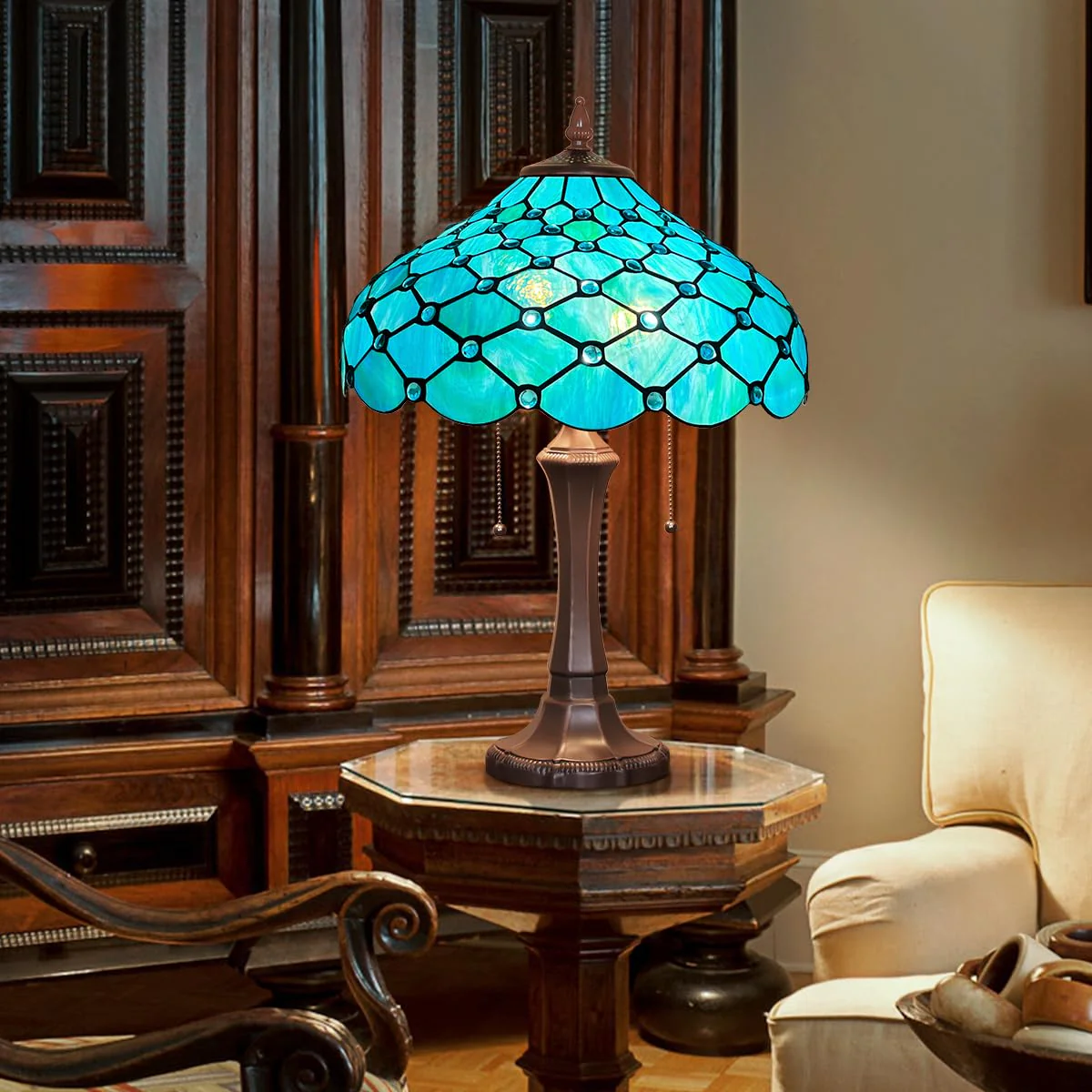 Thatyears Tiffany Table Lamp Seagrass Blue Beads Style Stained Glass Desk Lamp 16X16X24 Inches Vintage Style Desk Reading Light Decor for Bedroom Living Room Home Office - Image 3