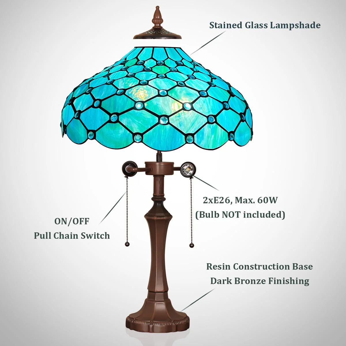 Thatyears Tiffany Table Lamp Seagrass Blue Beads Style Stained Glass Desk Lamp 16X16X24 Inches Vintage Style Desk Reading Light Decor for Bedroom Living Room Home Office - Image 5