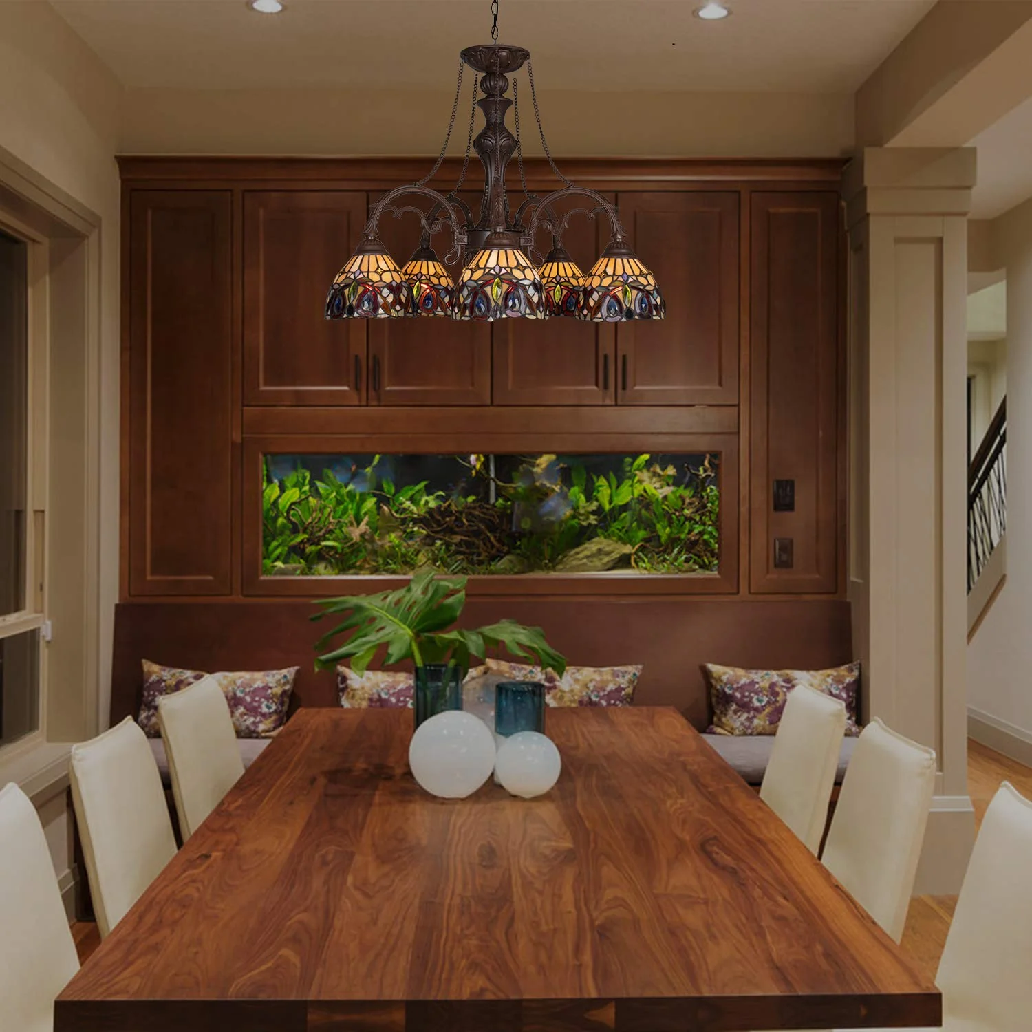 Capulina Tiffany Style Pendant Light Chandeliers 5-Light 26 Inches Wide Cream Brown Vintage Style Stained Glass Hangings Lamp for Dining Room Foyer Kitchen Island - Image 2